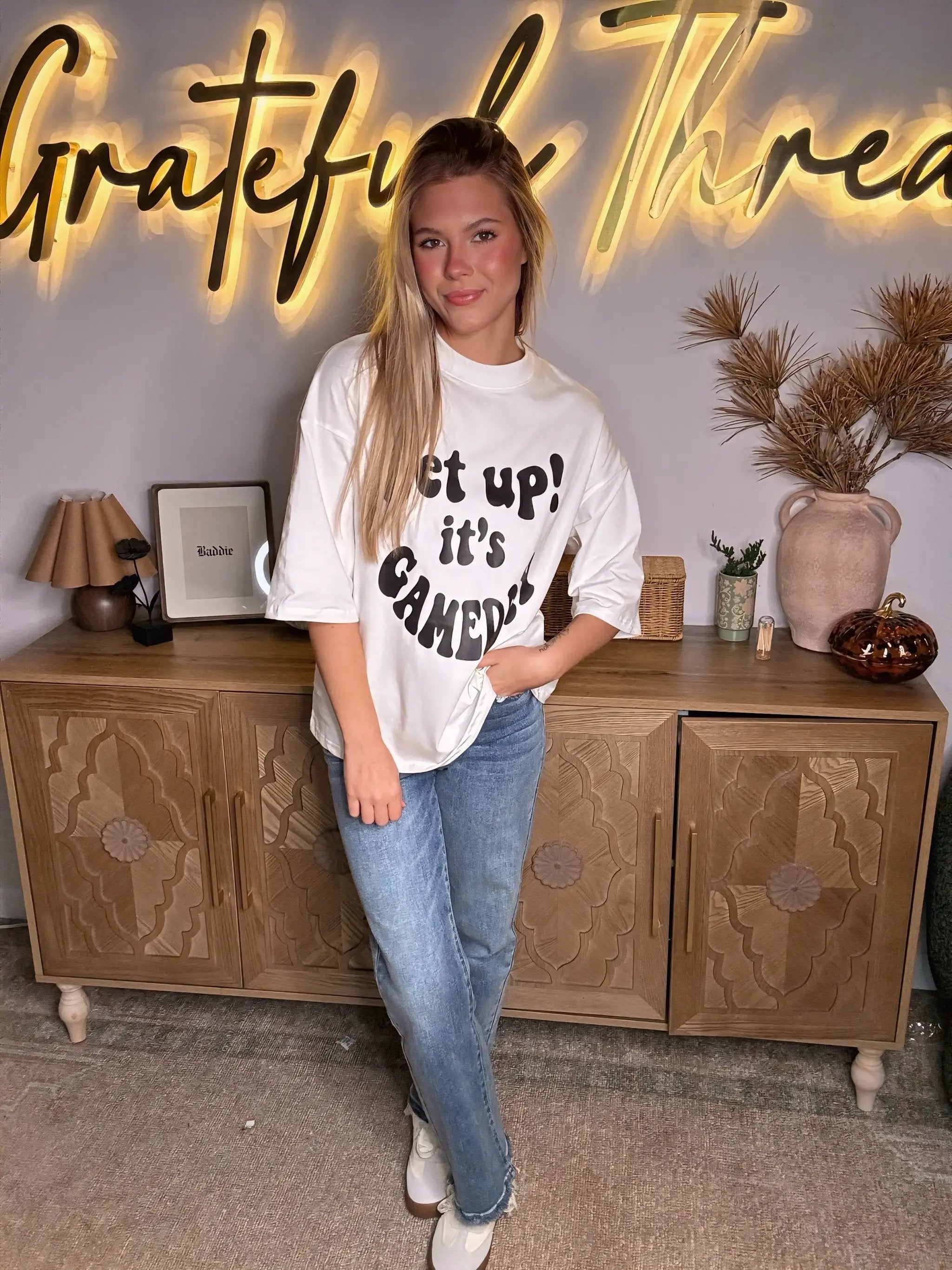 Grateful Threads Boutique White Get Up & Game Day Tee - T-Shirts Beige GAME DAY Slogan Printed Oversize T Shirt