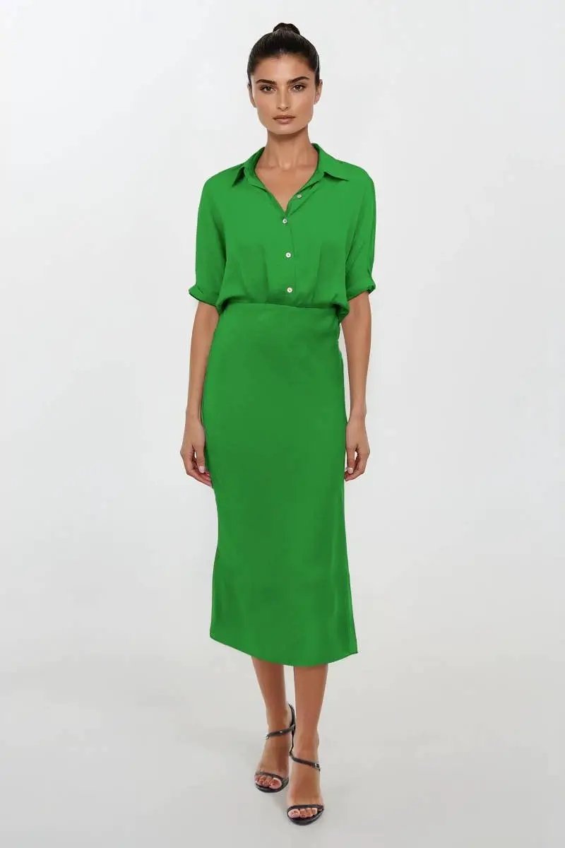 Naked Zebra The Button Up Midi Shirt Dress: Fern Green - Dresses
