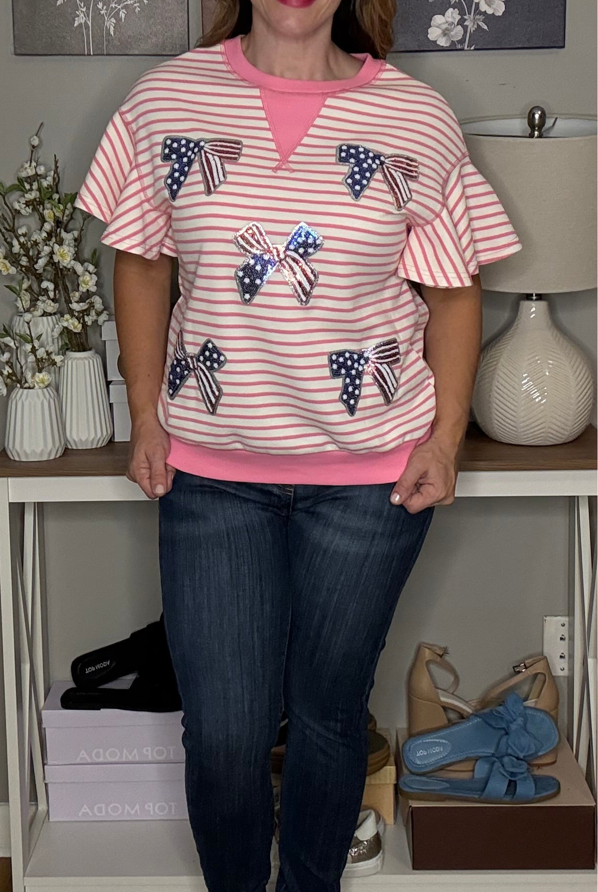 Grateful Threads Boutique “Stars, Stripes & Sass” Sequin Bow Ruffle Tee - Blouses