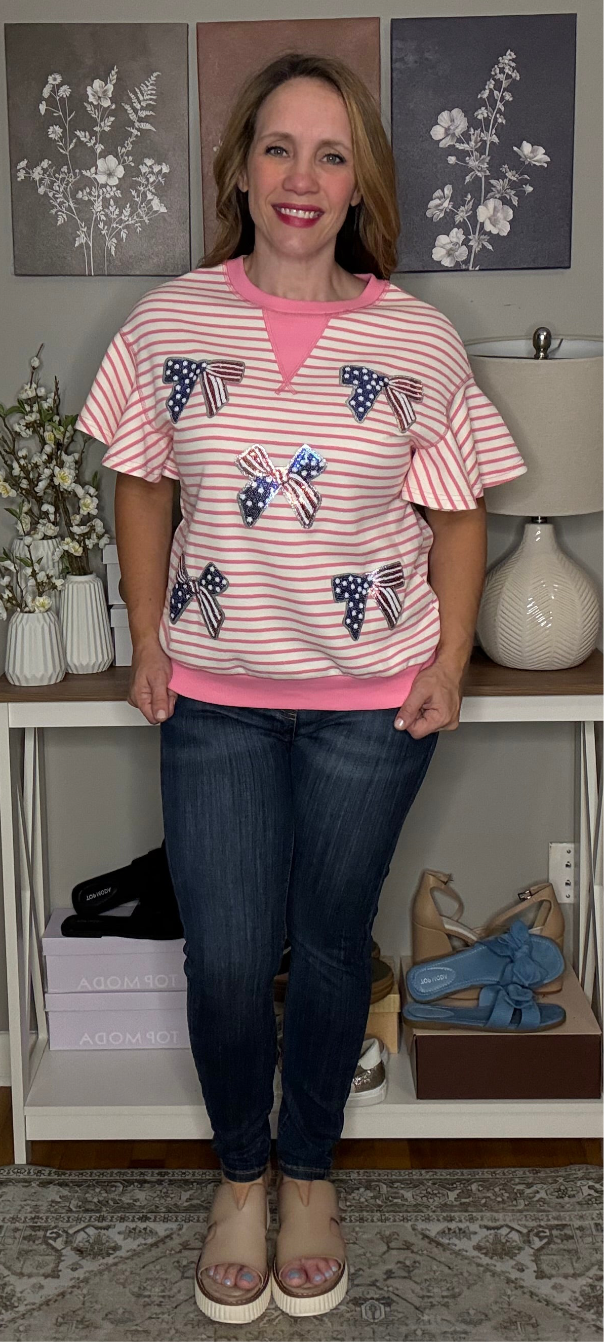 Grateful Threads Boutique “Stars, Stripes & Sass” Sequin Bow Ruffle Tee - Blouses