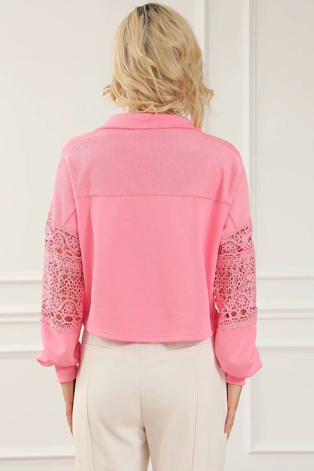 Grateful Threads Boutique Pink Hollowed Lace Splicing Cropped Sweatshirt - Sweatshirts Pink Hollowed Lace Splicing Cropped Sweatshirt