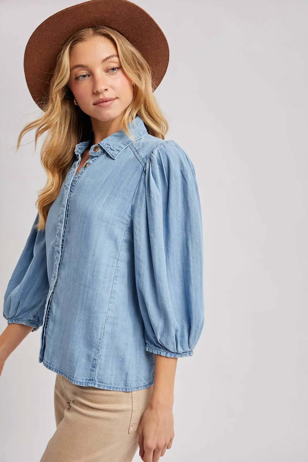 Bluivy The Chambray Ballon Sleeve Button-Up - Blouses