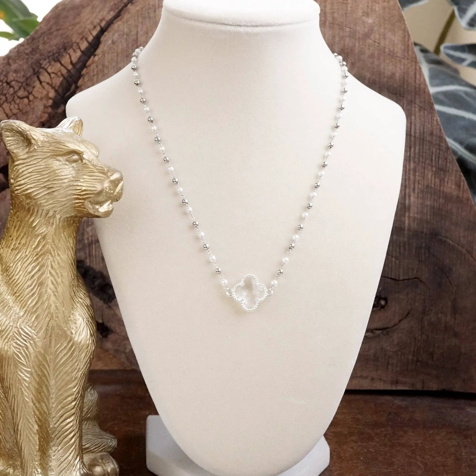PennyLine inc The Pearled Clover Pendant Beaded Necklace: Silver - Necklaces