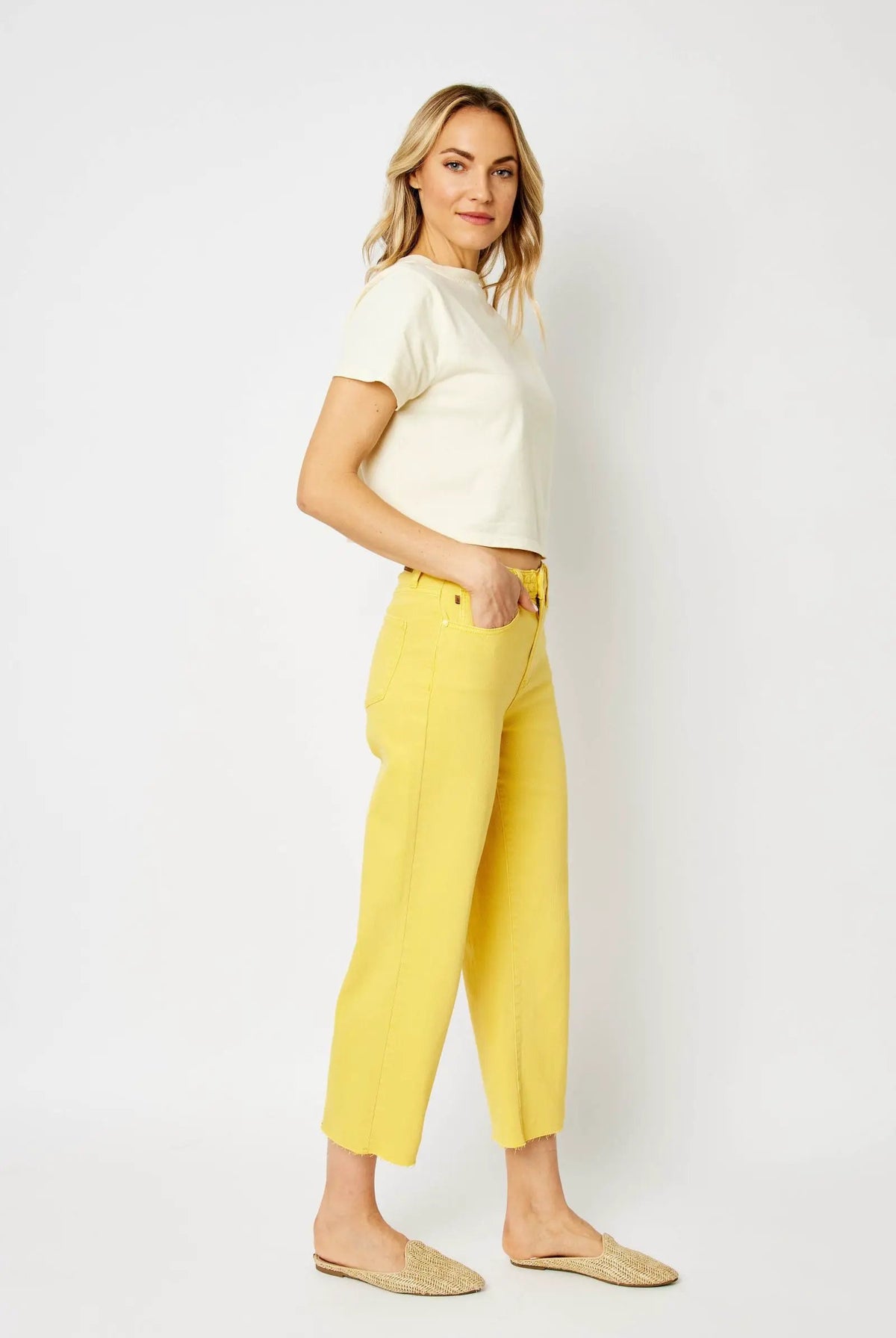 Judy Blue The Braided Waist Band Yellow Cropped Wide Leg Jeans - Jeans Judy Blue High Waisted Yellow Garment Dyed Braided Waist Band Cropped Wide Leg Denim Jeans