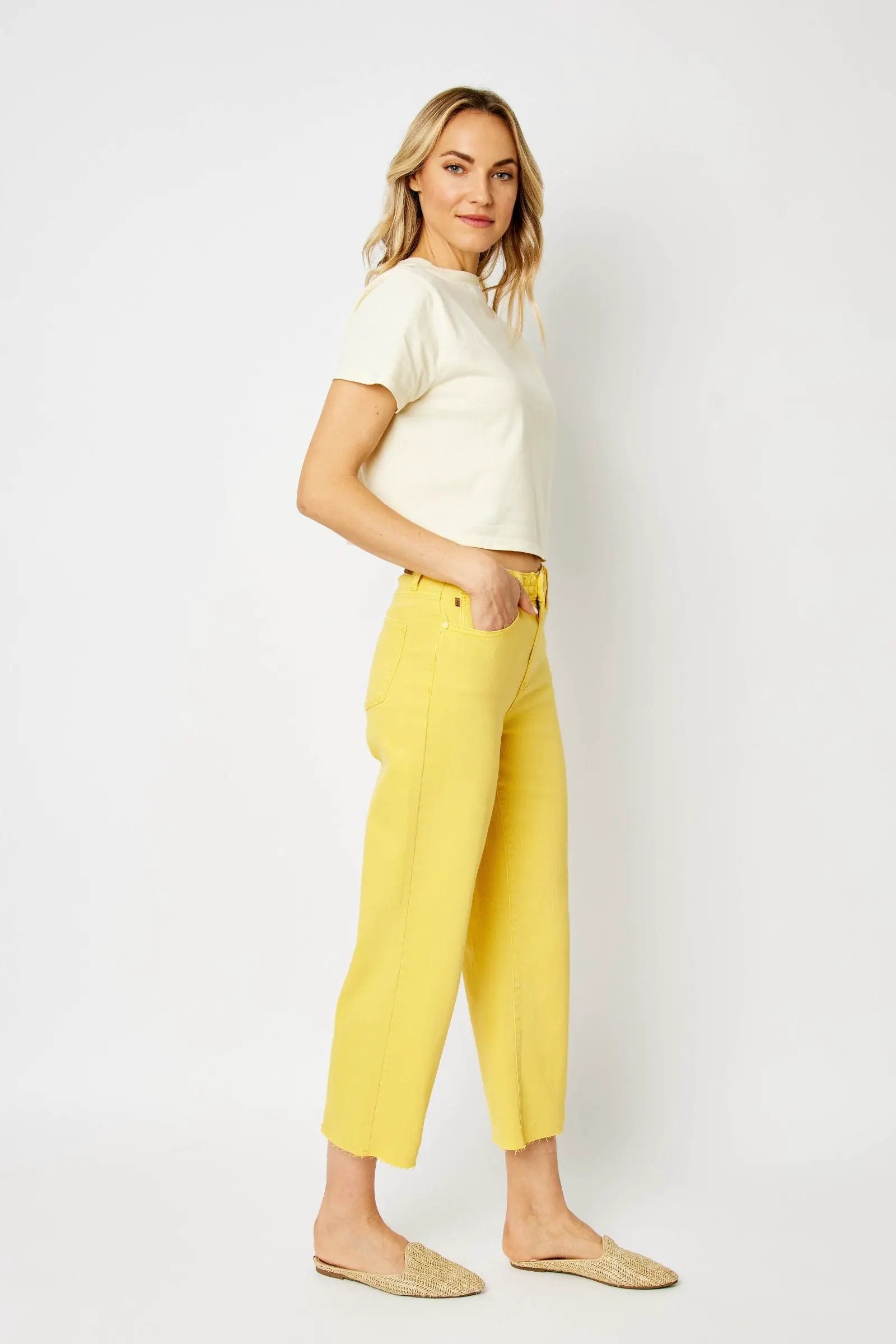 Judy Blue The Braided Waist Band Yellow Cropped Wide Leg Jeans - Jeans Judy Blue High Waisted Yellow Garment Dyed Braided Waist Band Cropped Wide Leg Denim Jeans