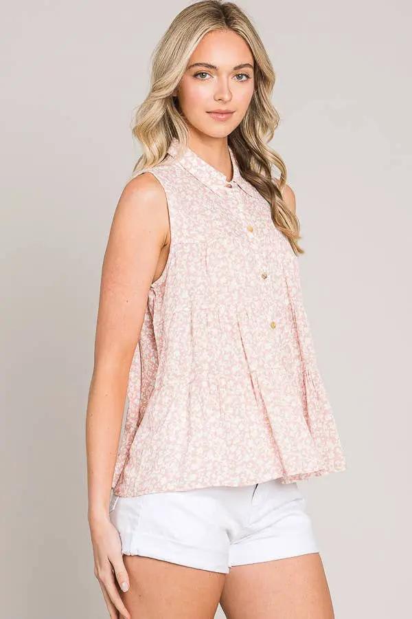 Cerule Ditsy Floral Button Up Sleeveless Ruffle Tiered Woven Shirt - Shirts
