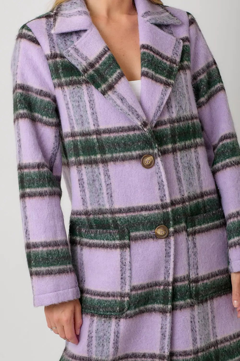 Mystree Mystree - Lavender Grove Fuzzy Plaid Long Coat - Overcoats