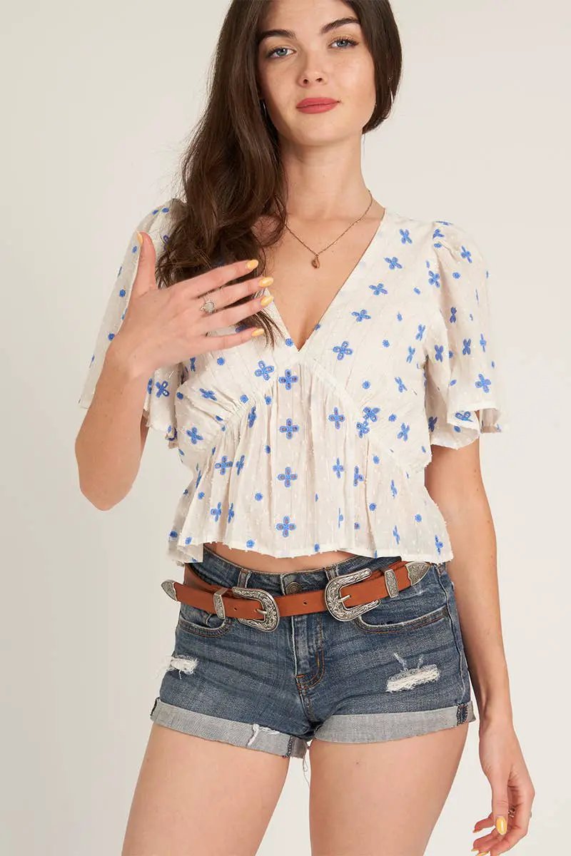En Crème En Crème - Flutter Sleeve V-Neck Top: White Blue - Clothing Tops