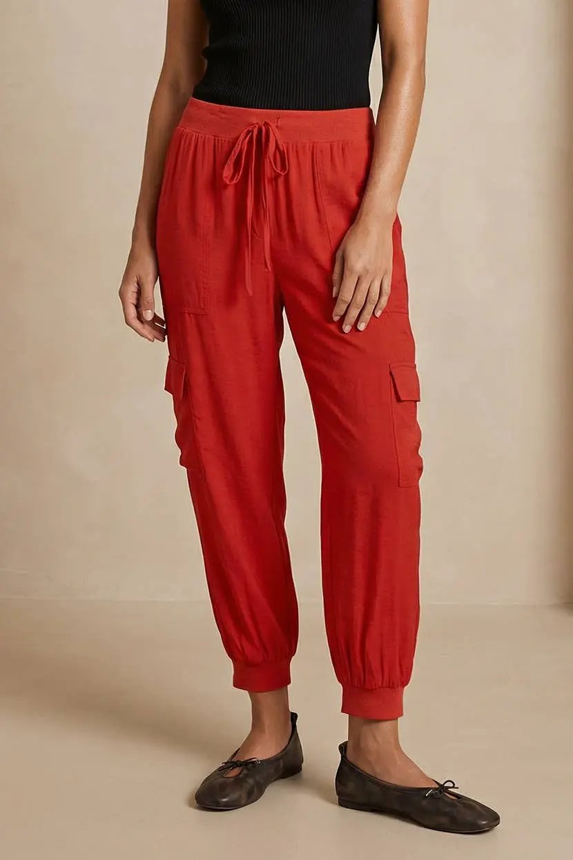 Naked Zebra Silky Ribbed Trim Knit Joggers: Red - Joggers