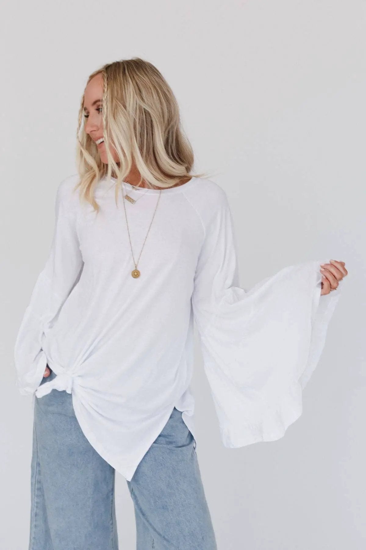 Three Bird Nest Three Bird Nest - Bell Sleeve Baseball Tee - White - Blouses tops-blouses