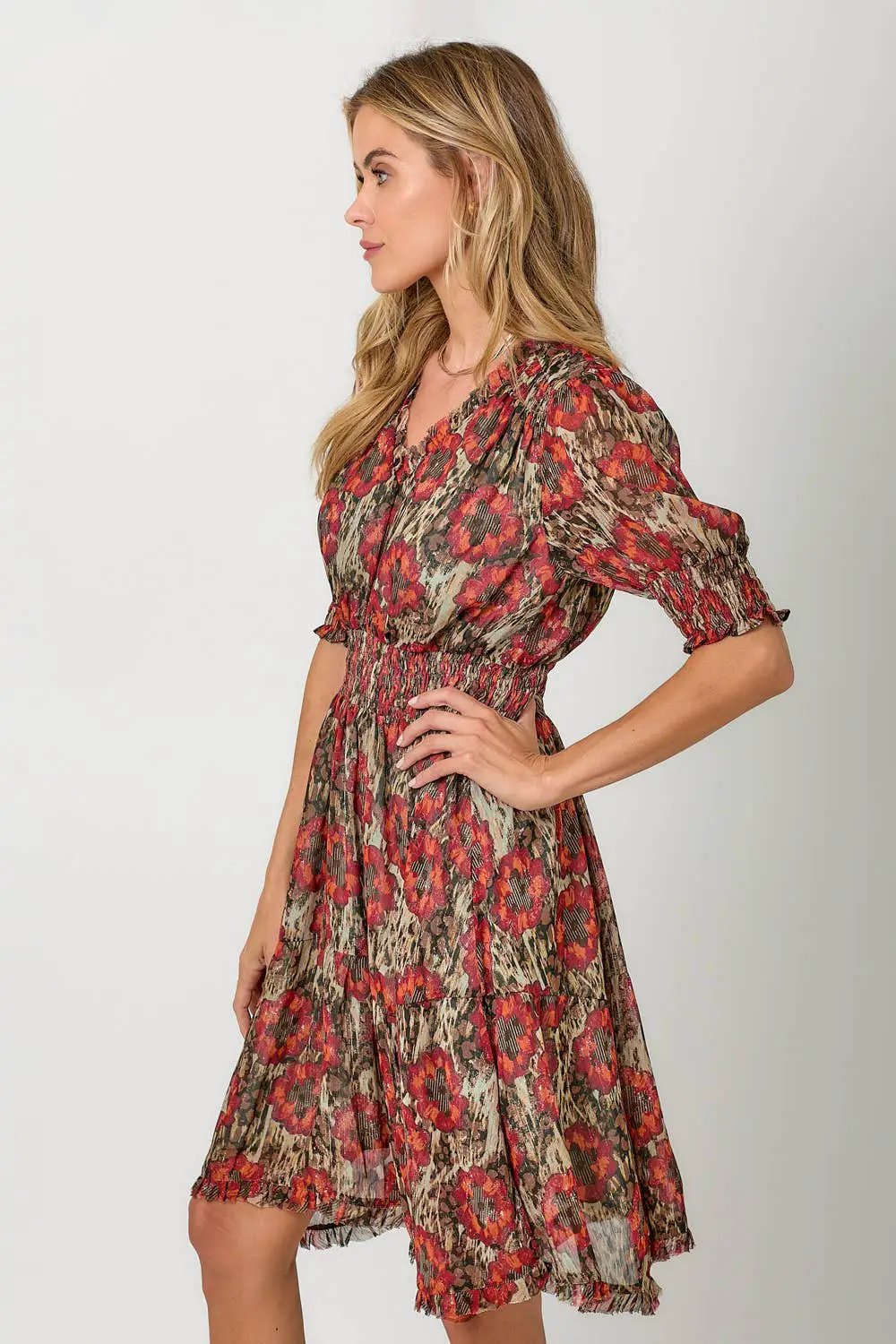 Mystree Mystree Red/Sage Lurex Flower Dress - Dresses