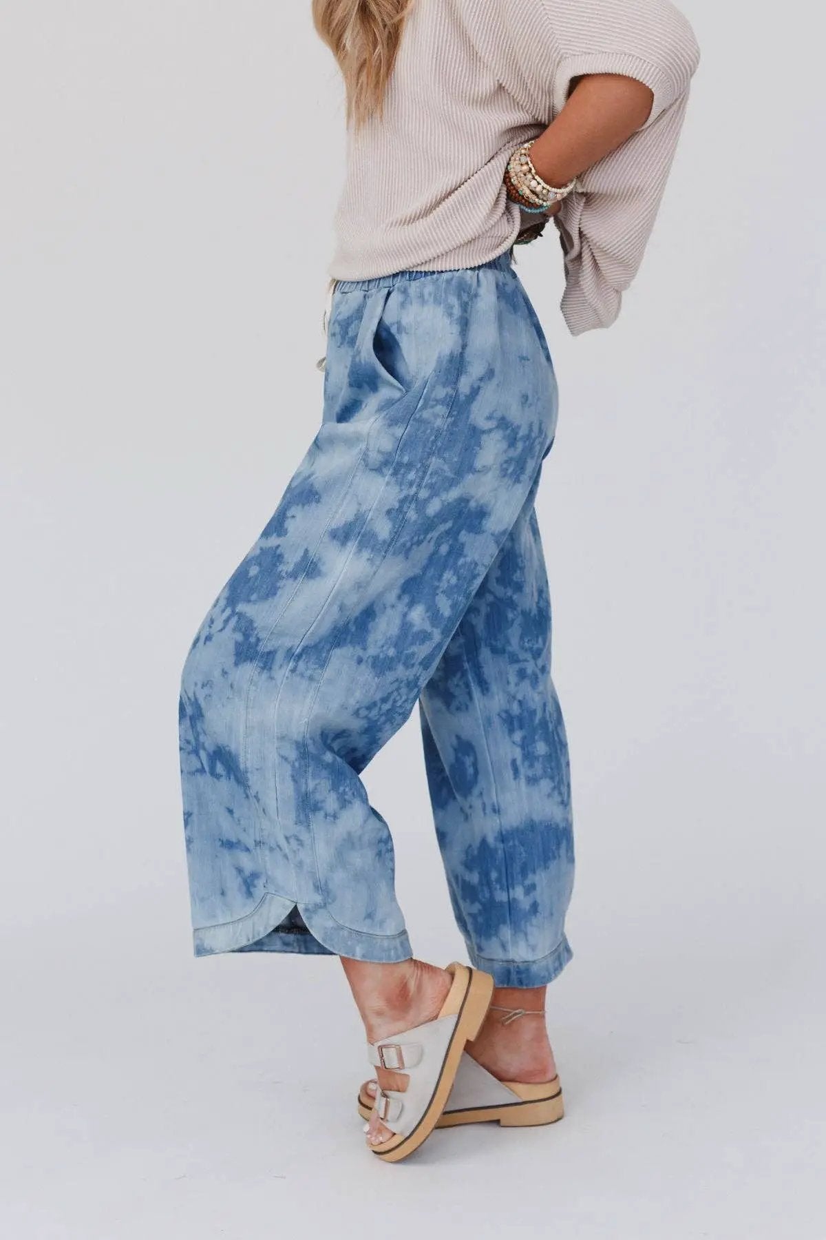 Three Bird Nest Three Bird Nest - So Comfy Wide Leg Cropped Pant - Bleach Dye Denim - Pants