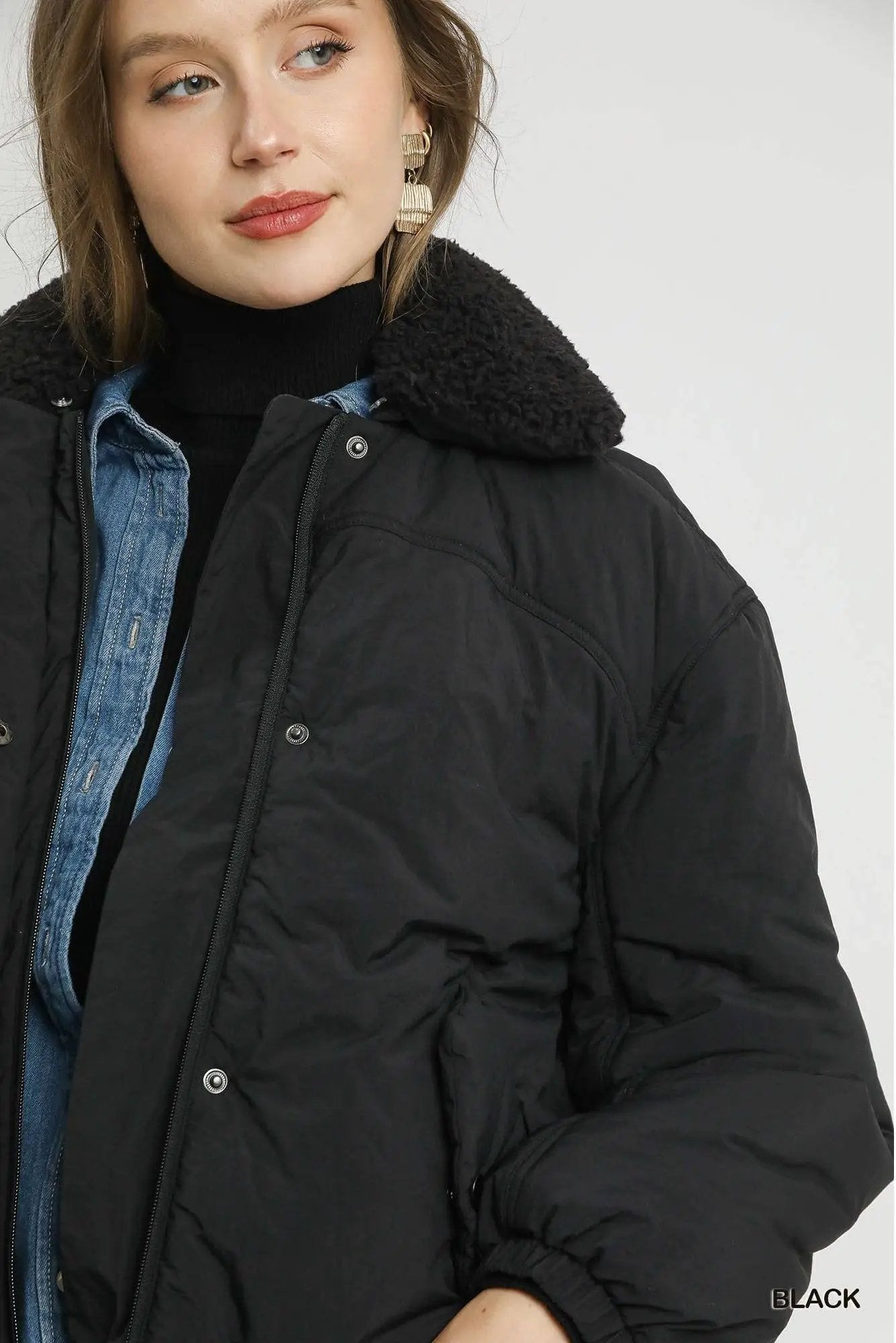 STYLE USA STYLE USA - Cold Front Confidence Black Sherpa Collar Puffer Jacket - Coats & Jackets