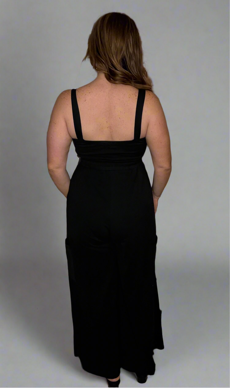 Grateful Threads Boutique Black Drawstring Wide Leg Cargo Pockets Sleeveless Jumpsuit - One-Pieces Black Drawstring Wide Leg Cargo Pockets Sleeveless Jumpsuit