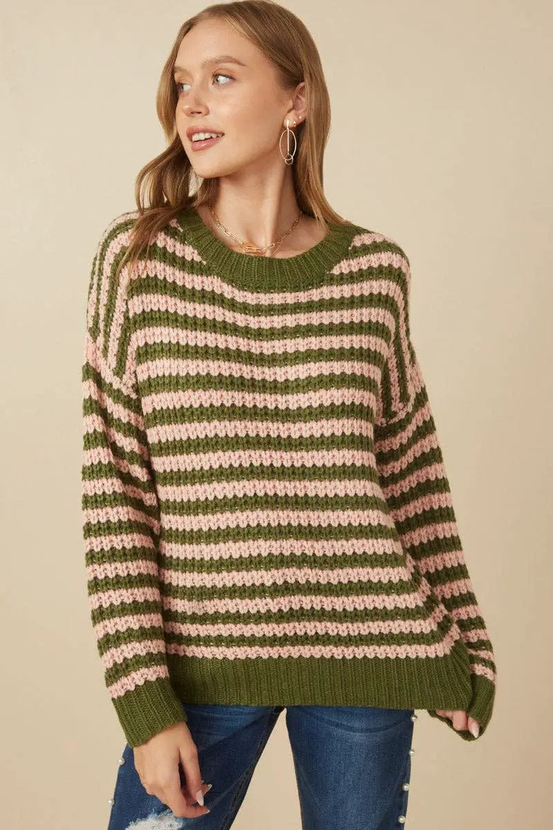 Hayden LA Hayden LA - Womens Striped Drop Shoulder Low Gauge Sweater: Olive & Pink Mix - Sweaters