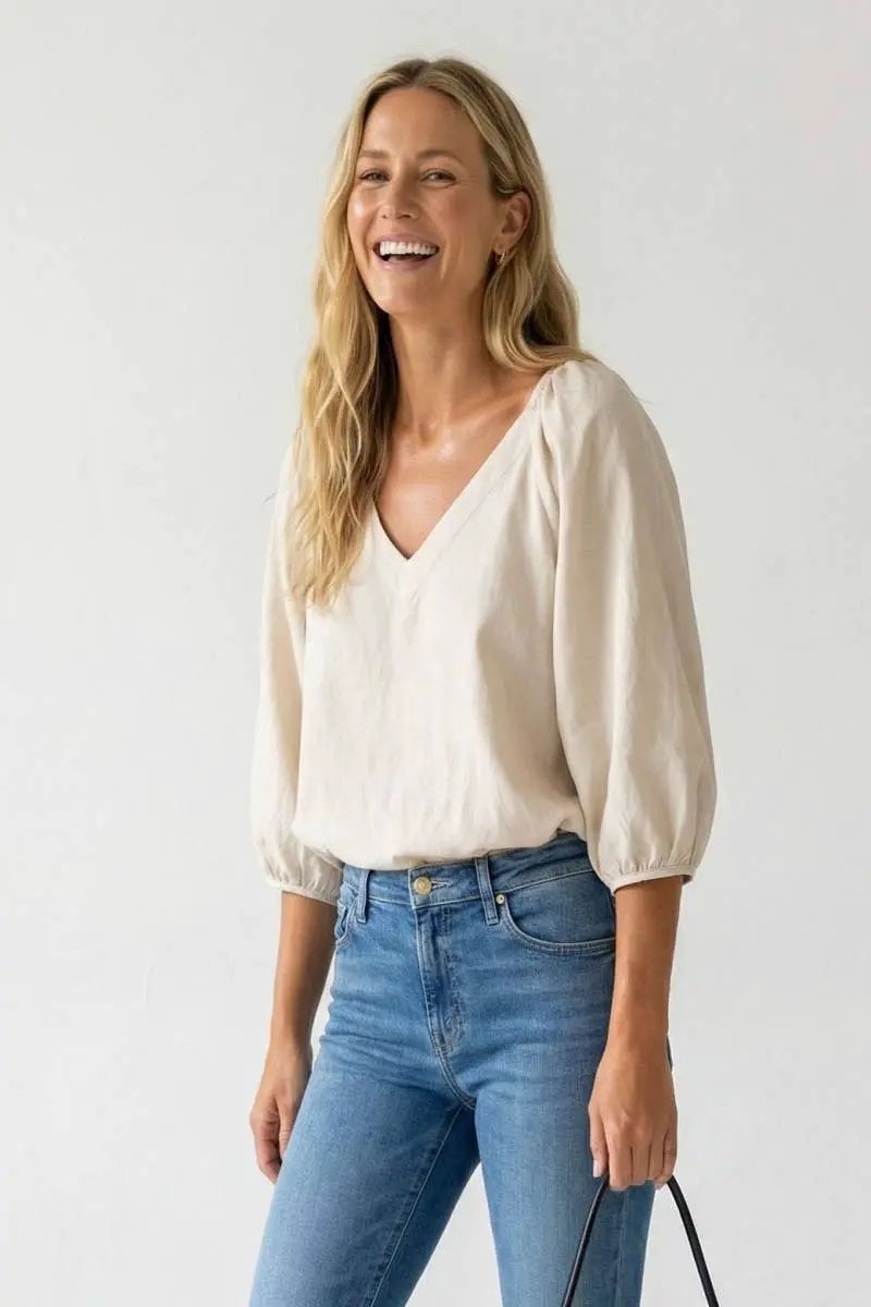 Naked Zebra The Puff Sleeve V-neck Blouse: Tan - Blouses