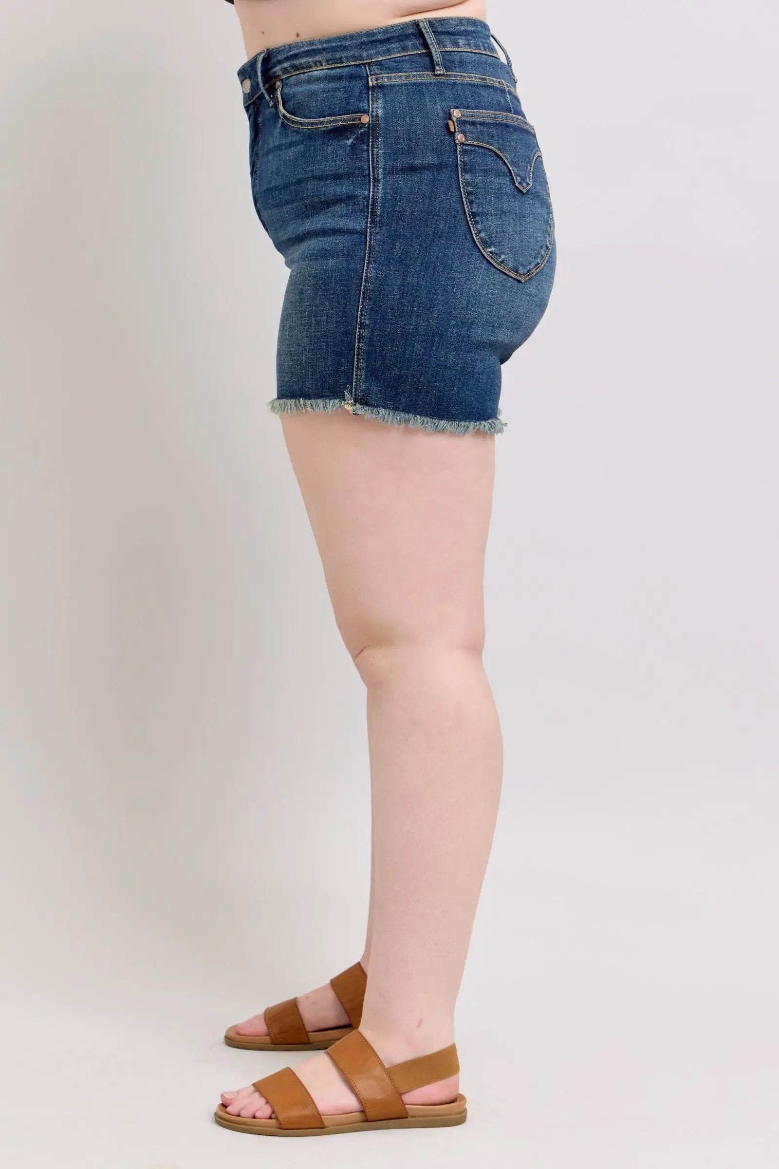 Judy Blue Judy Blue High Waisted Tummy Control Frayed Hem & Shield Back Pocket Dark Blue Denim Shorts PLUS - Shorts Judy Blue High Waisted Tummy Control Frayed Hem & Shield Back Pocket Dark Blue Denim Shorts PLUS