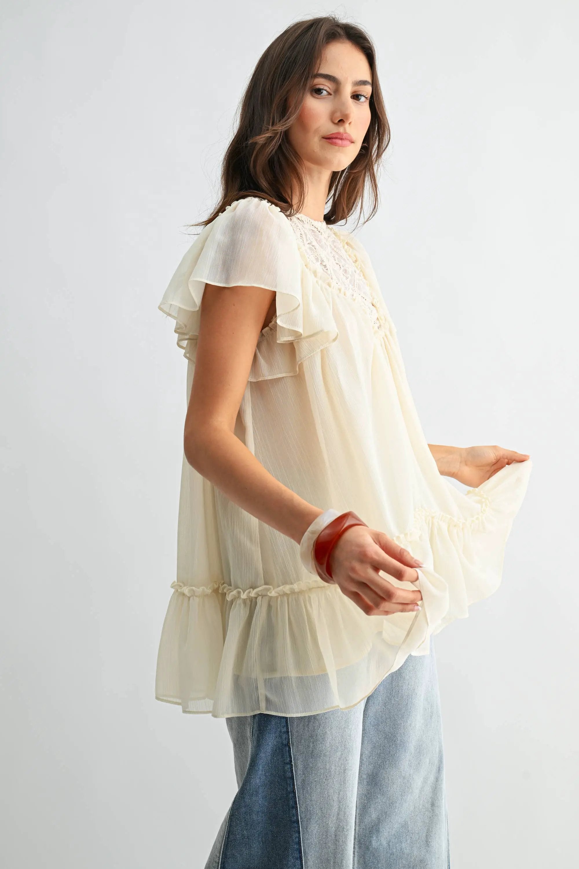 Camellia The Sheer Lace Yoke Ruffle Sleeve Blouse: CREAM - Blouses