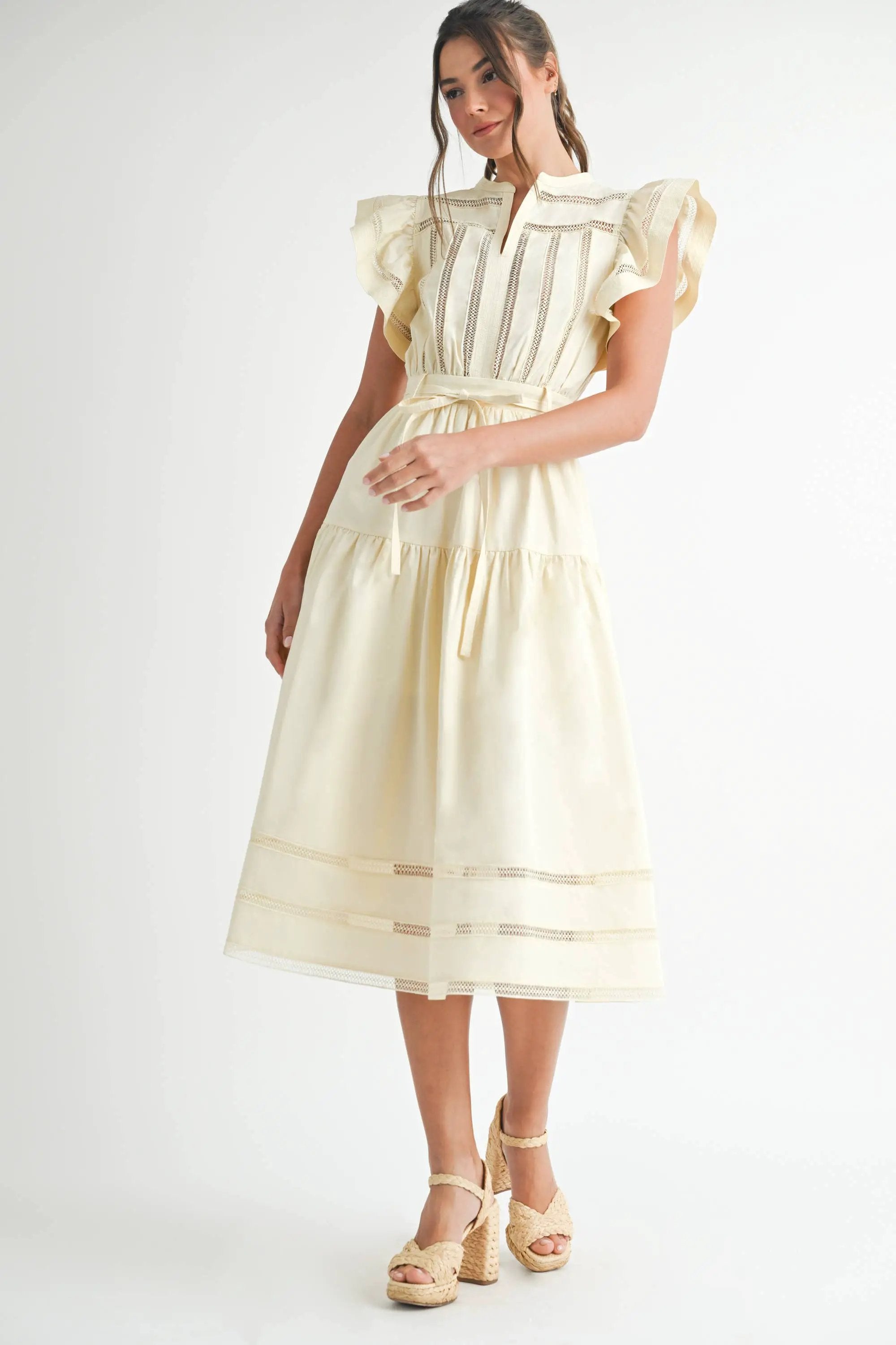Endless Blu Endless Blu Cream Short Sleeve Tiered Midi Dress - Dresses