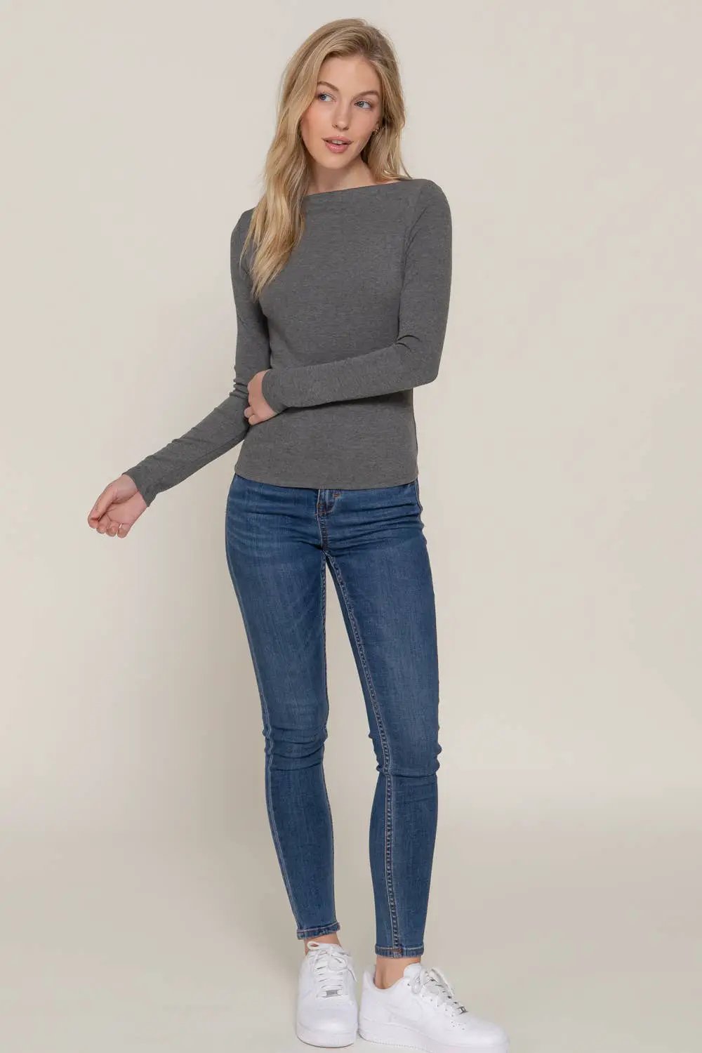 Active Basic | Active USA Chasing Charcoal Wide Boat Neck Ribbed Knit Top - Shirts