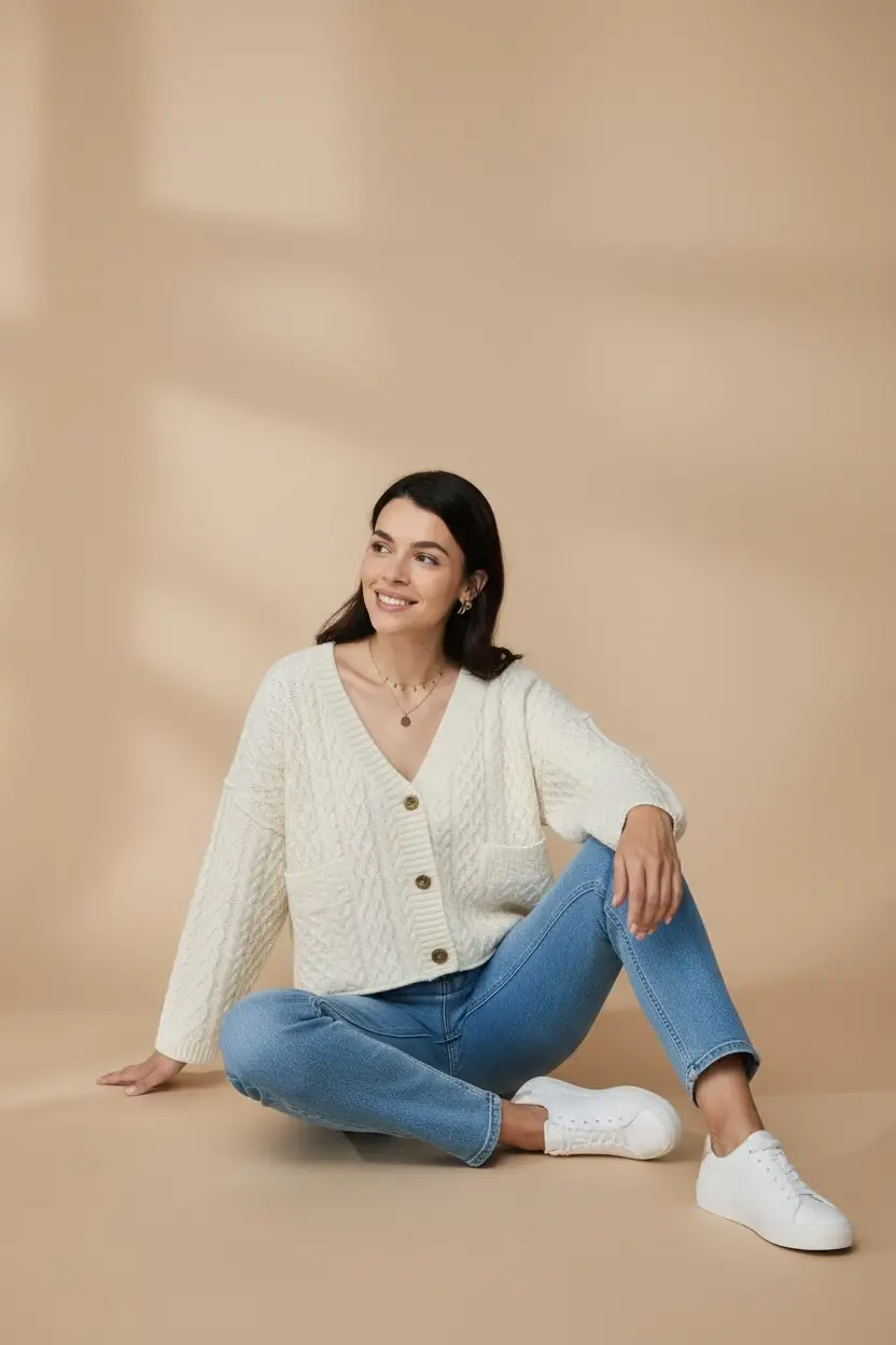 Lovesoft Lovesoft - 100% Acrylic Relaxed Cozy Cable Knit Cardigan - Apricot - Cardigans