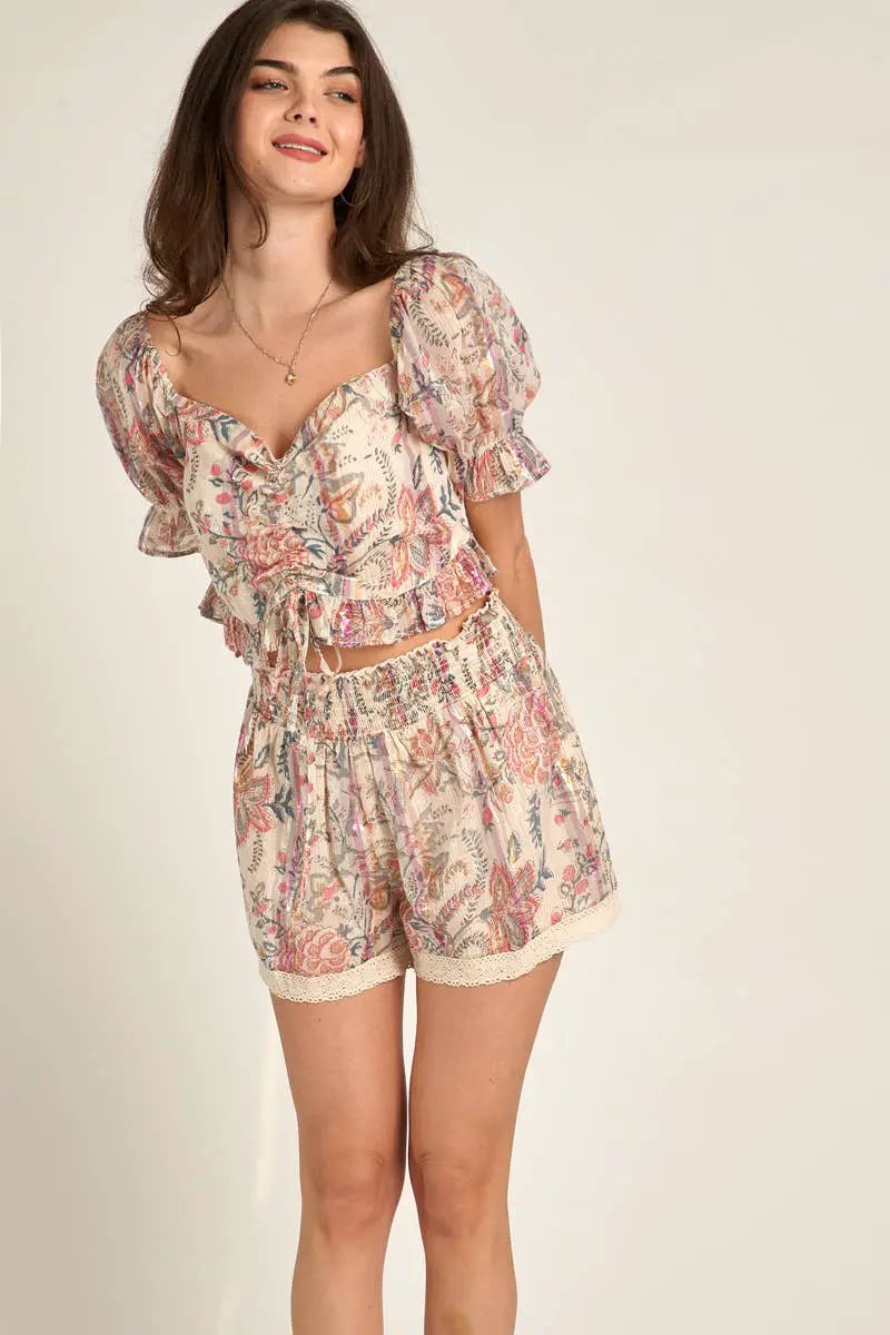 En Crème En Crème Ivory Pink & Blue Puff Sleeve Front Tie Ruffle Top - Clothing Tops