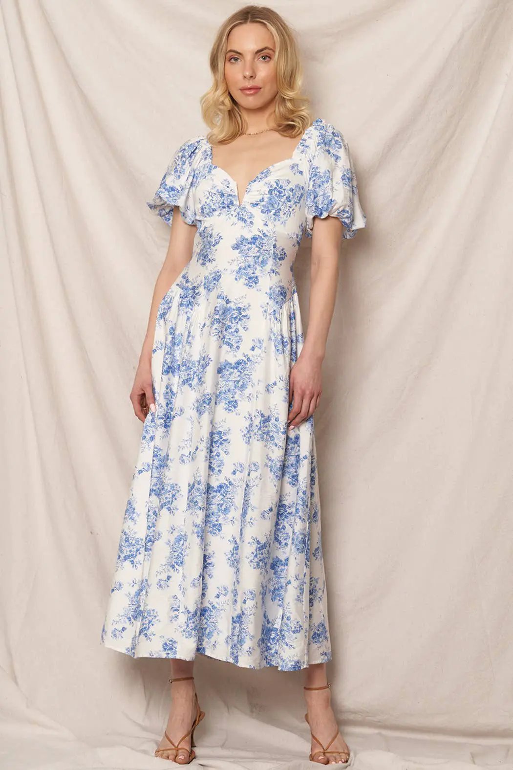 En Crème En Crème - Puff Sleeve Floral Print Midi Dress: White Blue - Dresses spring dress