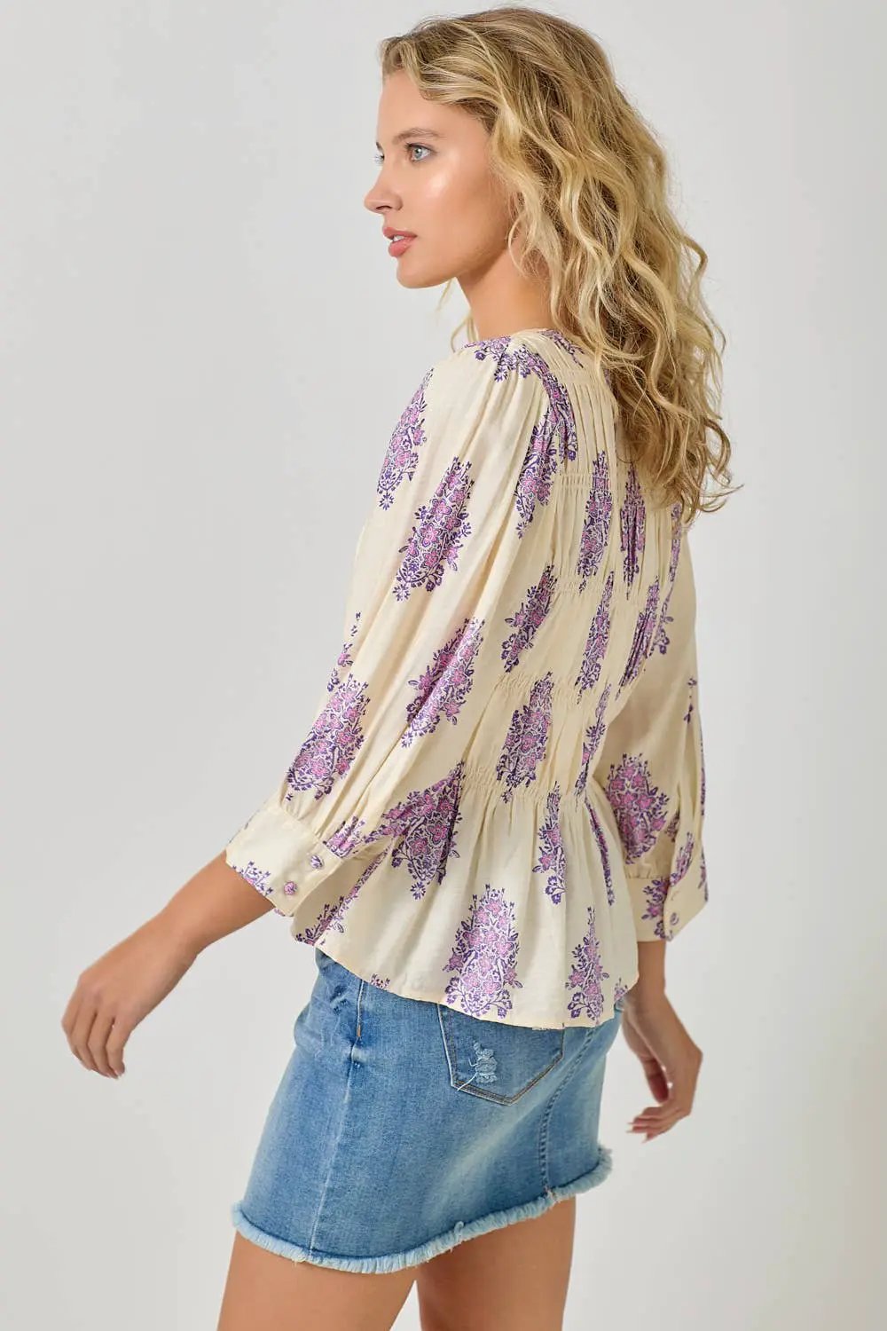 Mystree The Lavender Fields Puff Sleeve Smocked Blouse - Blouses