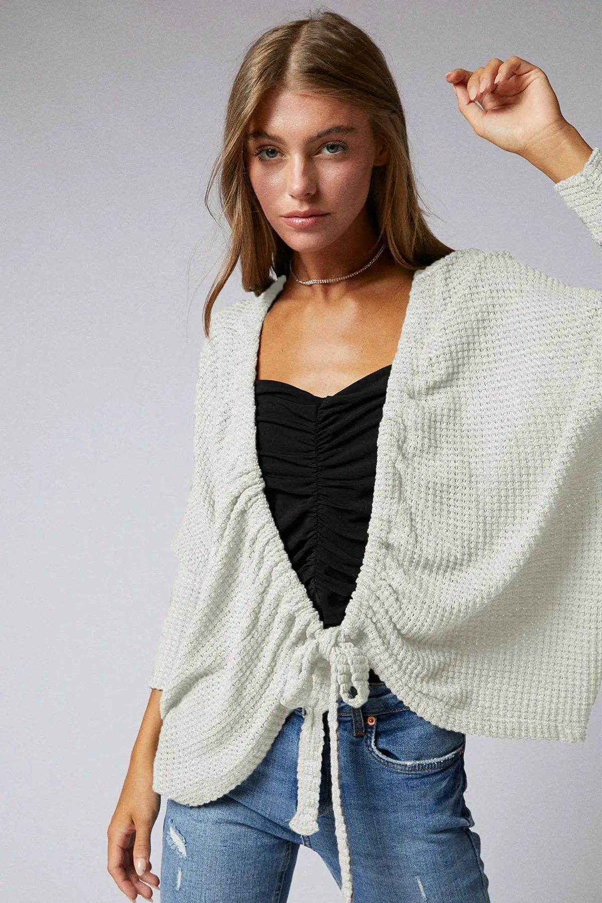 Cerule Cream Ruched Tie Front Cocoon Cardigan - Cardigans