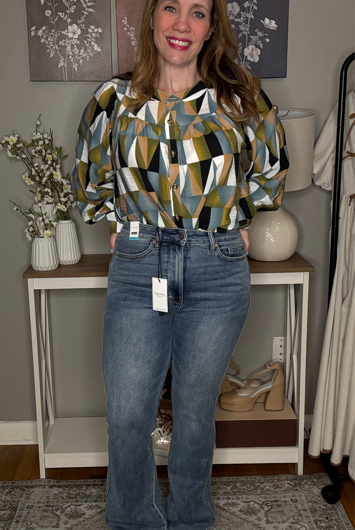 Grateful Threads Boutique Green Geometric Print Buttoned Ballooned Sleeve Blouse - Blouses