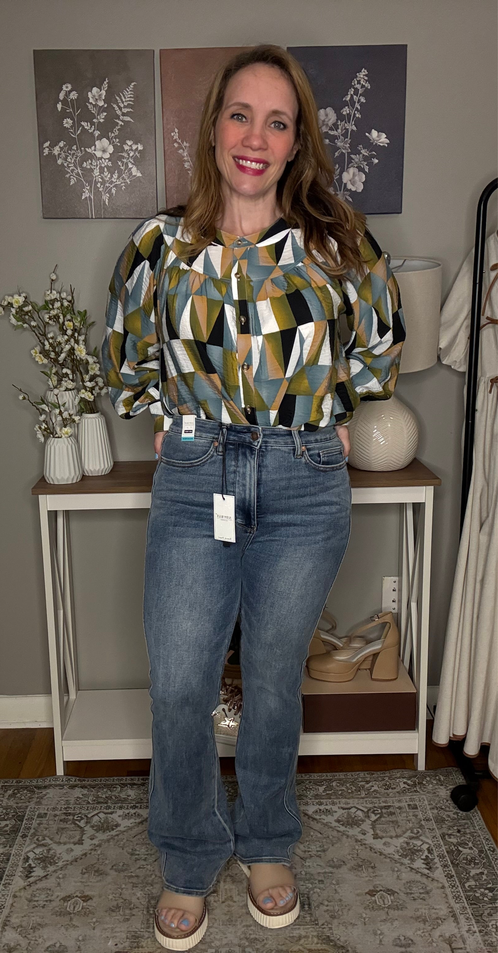 Grateful Threads Boutique Green Geometric Print Buttoned Ballooned Sleeve Blouse - Blouses