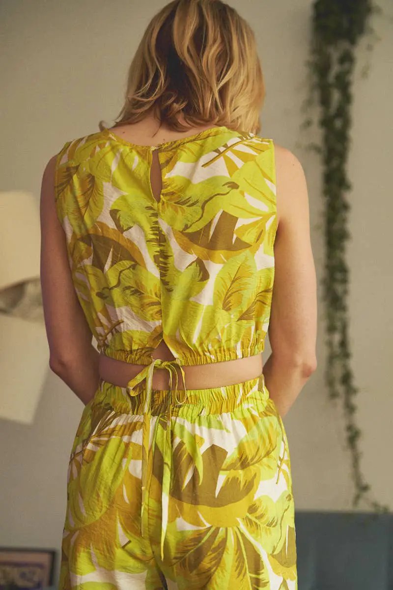 En Crème En Crème Multi Lime Printed Cropped Top and Wide Leg Pants Set - Outfit Sets crop top and wide leg pants set