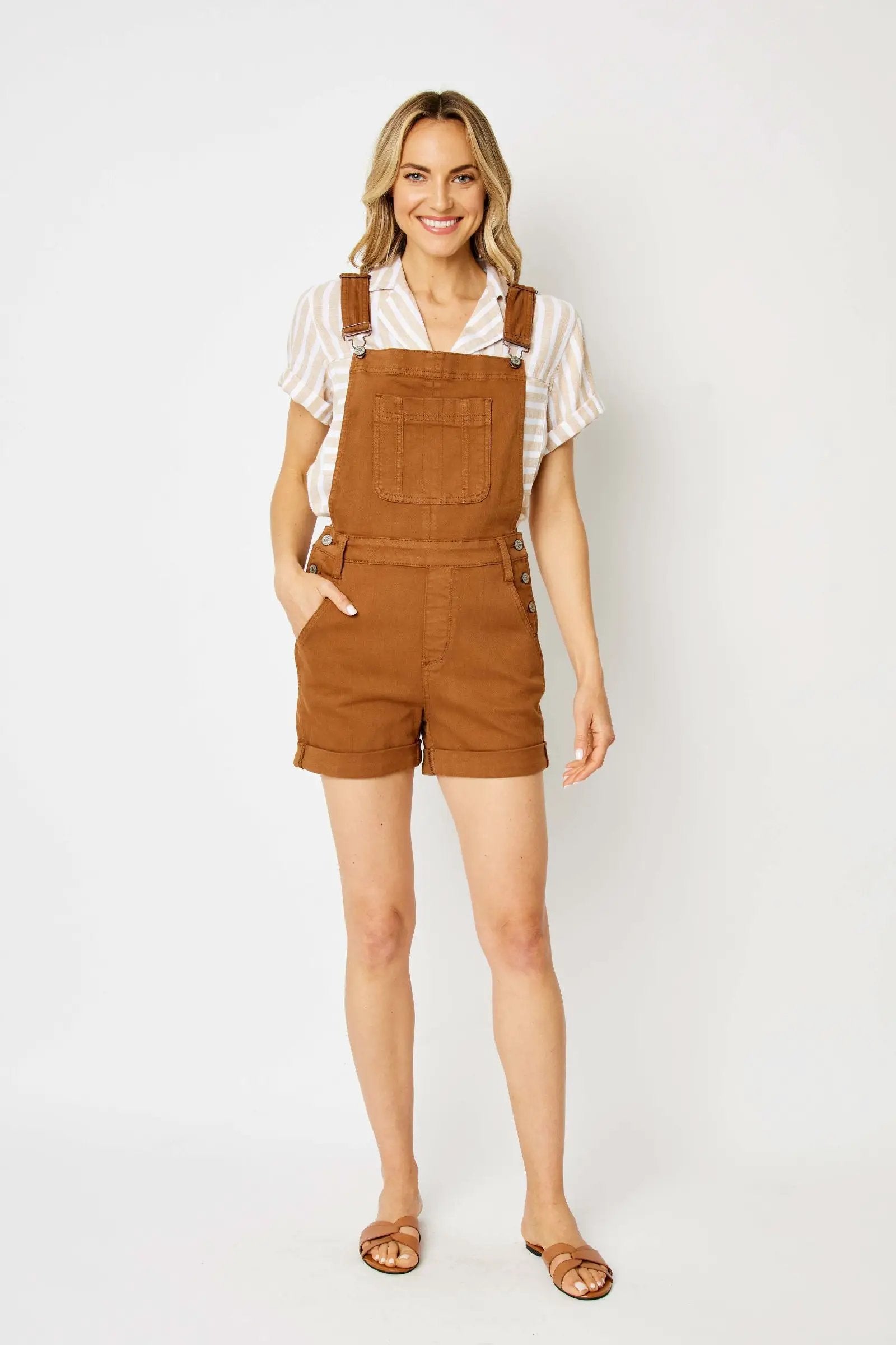 Judy Blue Judy Blue High Waisted Garment Dyed Destroyed Cuffed Brown Overall Shorts - One-Pieces Judy Blue High Waisted Garment Dyed Destroyed Cuffed Brown Overall Shorts