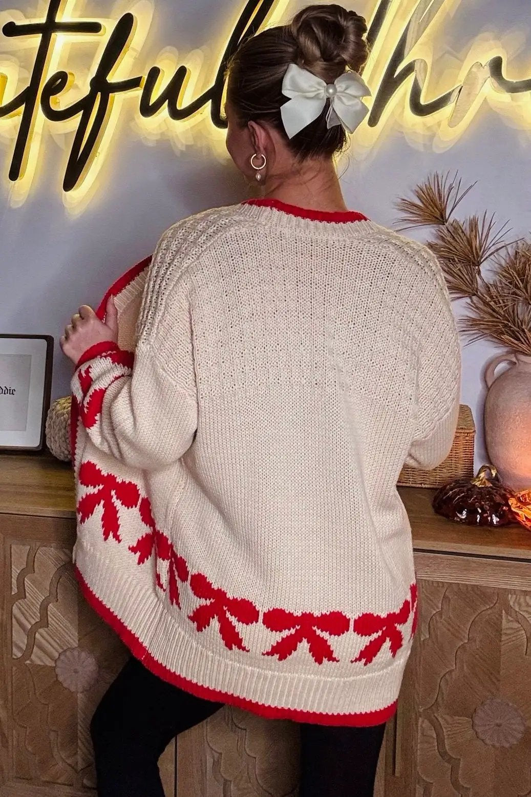 Grateful Threads Boutique Apricot Bow Pattern Textured Open Front Baggy Cardigan - Cardigans Apricot Bow Pattern Textured Open Front Baggy Cardigan