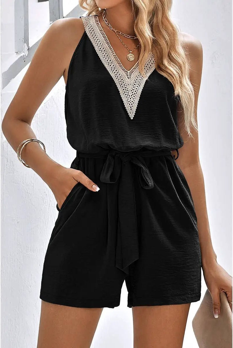 Supreme Fashion Lace Trim V Neck Sleeveless Tank Romper - One-Pieces Lace Trim V Neck Sleeveless Tank Romper