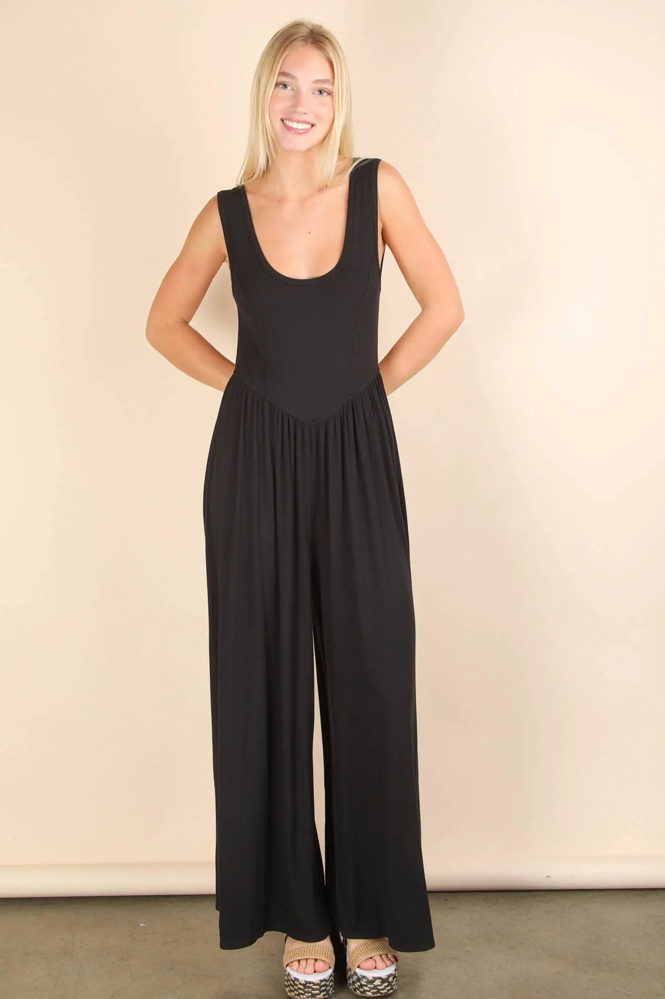 New In Black Casual Ribbed Knit Sleeveless Jumpsuit - One-Pieces