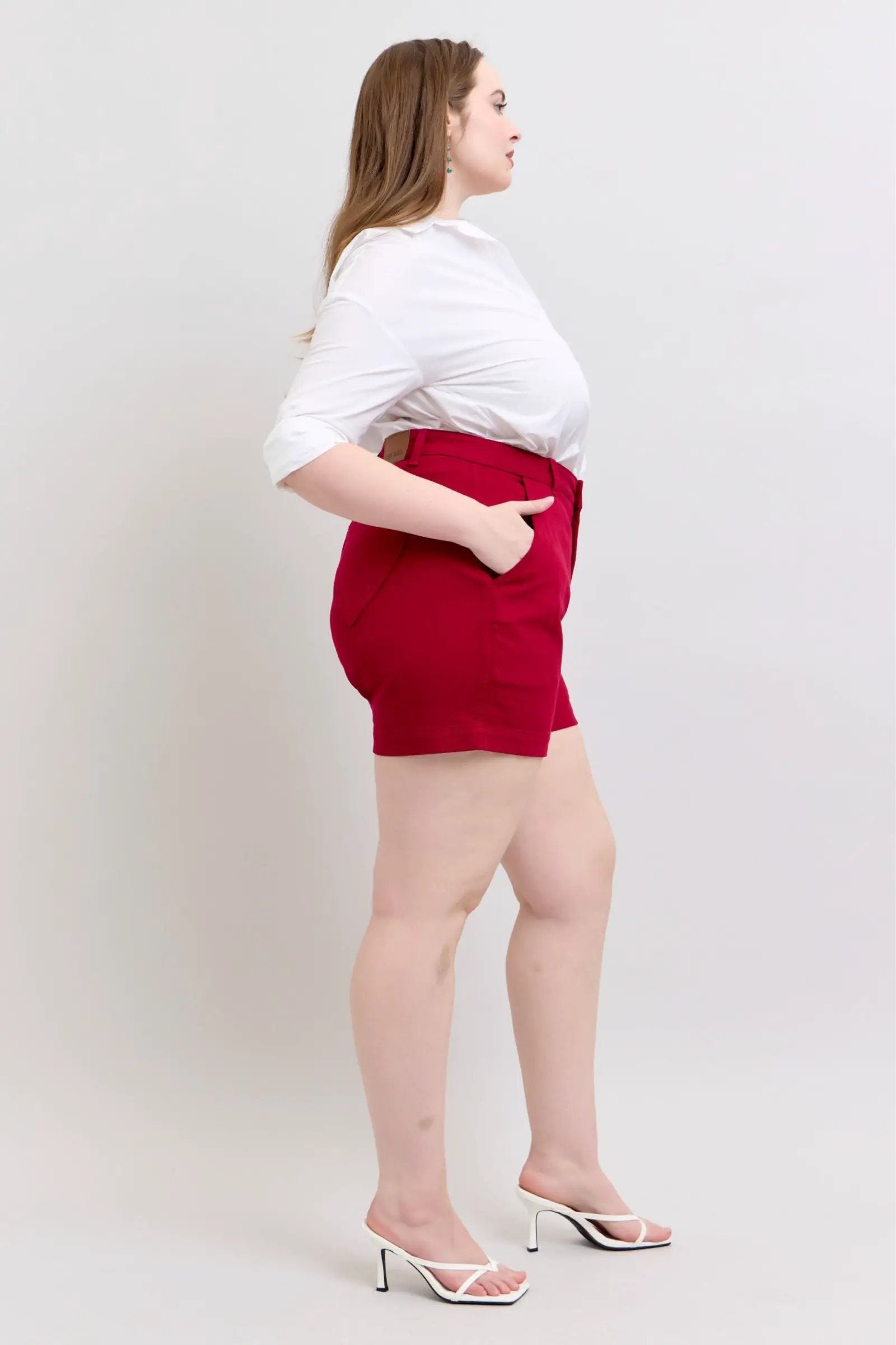Judy Blue Judy Blue High Waist Tummy Control Garment Dyed Shorts with Heart Pockets in Scarlet PLUS - Shorts Judy Blue High Waist Tummy Control Garment Dyed Shorts with Heart Pockets in Scarlet PLUS