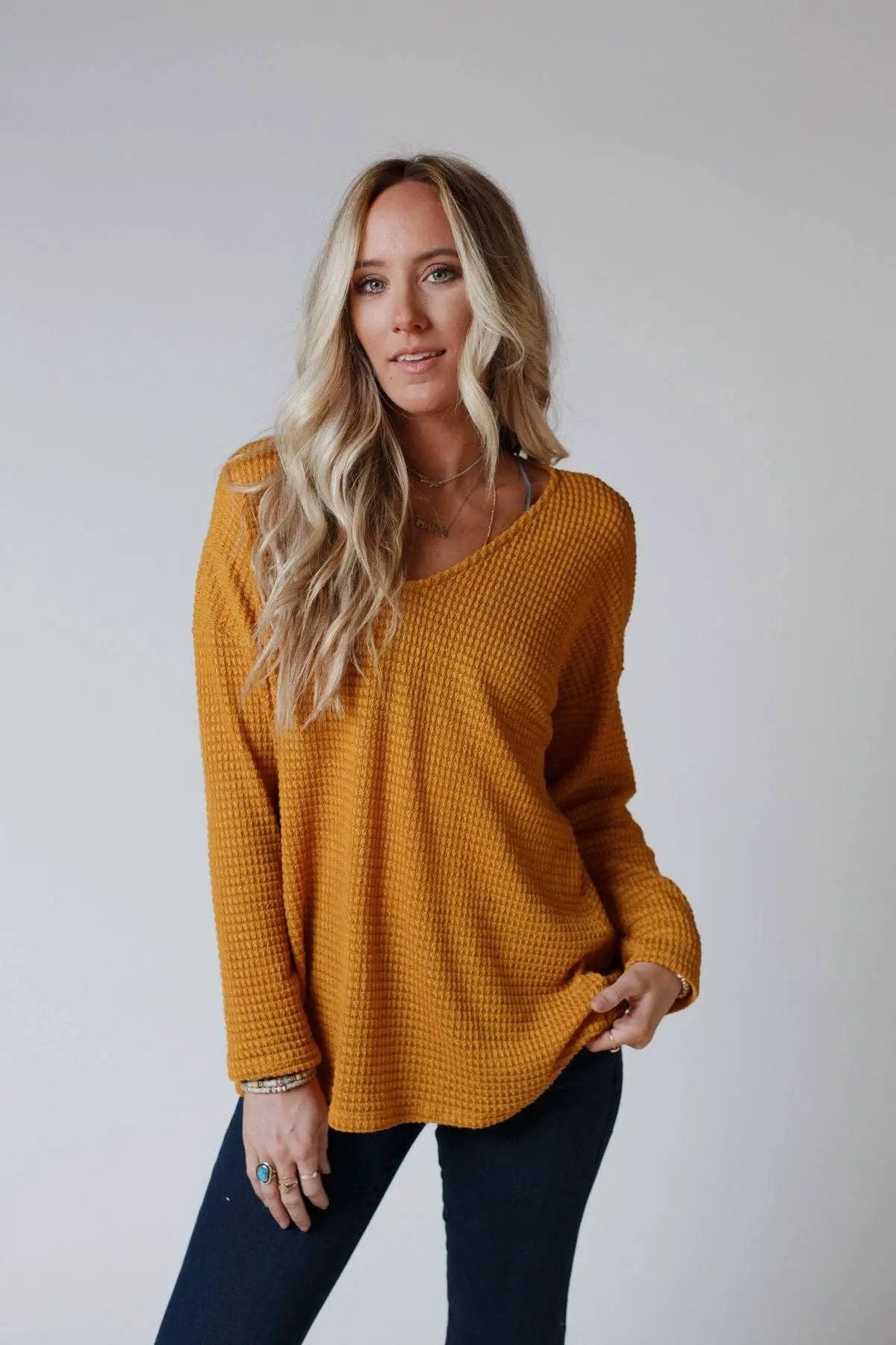 Three Bird Nest Three Bird Nest - Flattering Open Back Fall Thermal Knit Top in Mustard - Sweaters Three Bird Nest - Flattering Open Back Fall Thermal Knit Top in Mustard