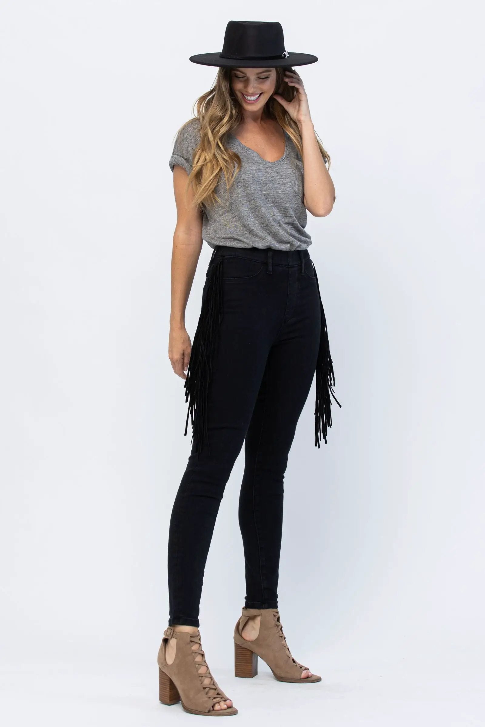Judy Blue The Side Fringe Skinny Mid Rise Jegging - Jeans Judy Blue Black Jeggings with Side Fringe Skinny Leg MId Rise