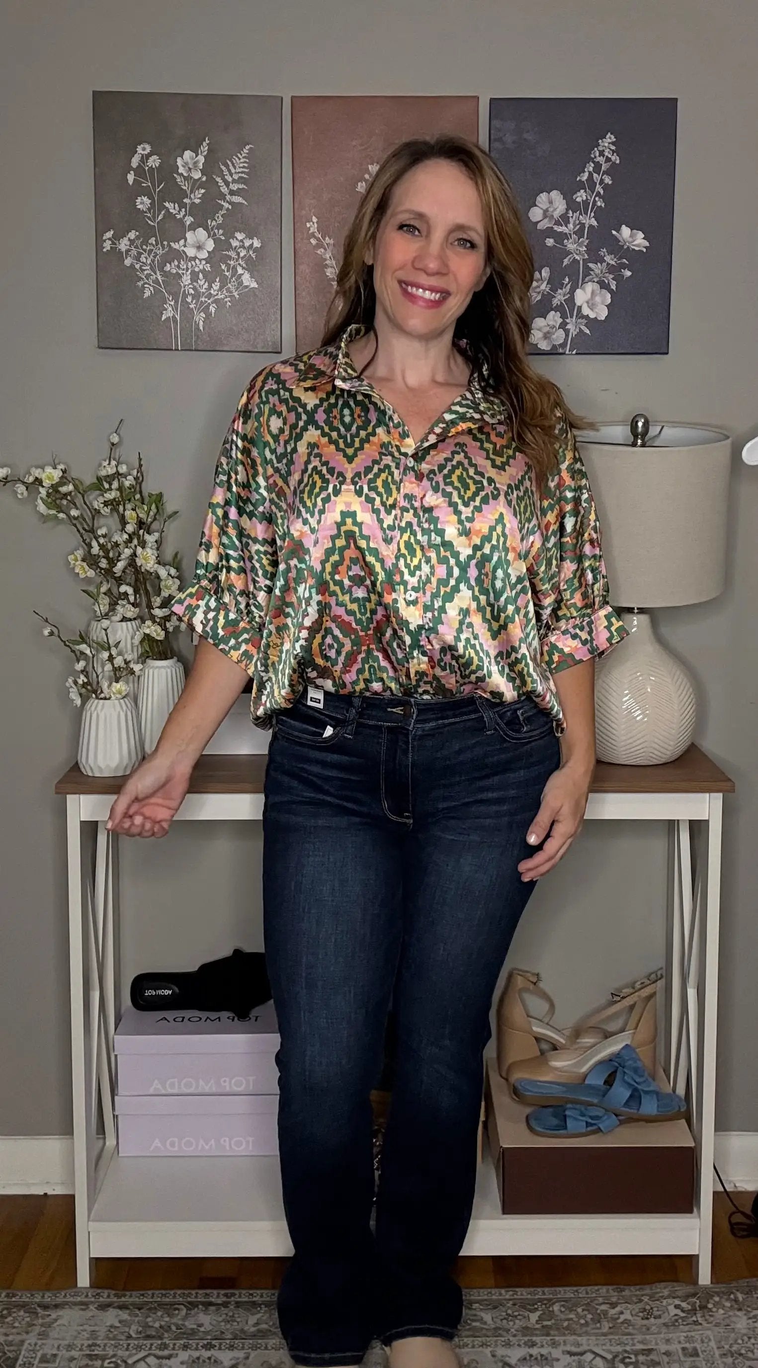 Grateful Threads Boutique Dark Green Abstract Print Half Sleeve Button up Loose Shirt - Shirts Dark Green Abstract Print Half Sleeve Button up Loose Shirt