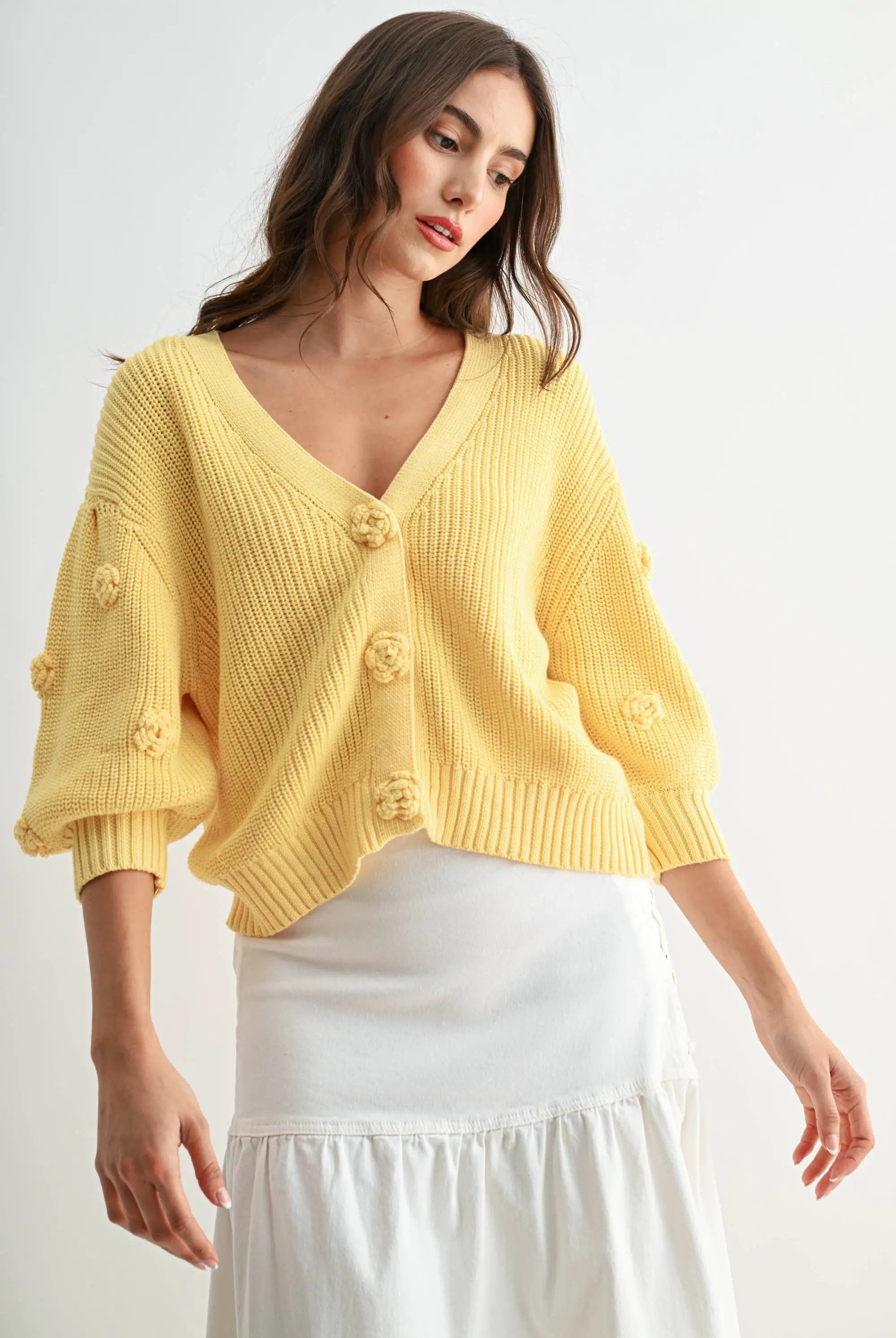Textured Knit Cardigan with 3D buttons in LT.YELLOW worn by a model.