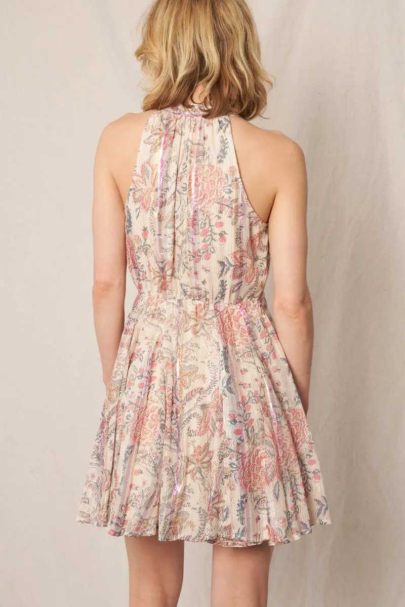 En Crème En Crème Ivory Pink Metallic & Blue Sleeveless Pleated Dress with Button Detail - Dresses sleeveless pleated dress