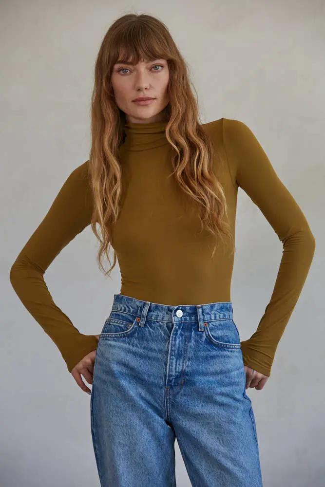 By Together Knit Seamless Turtle Neck Long Sleeve Bodysuit in Olive Gold - Bodysuits