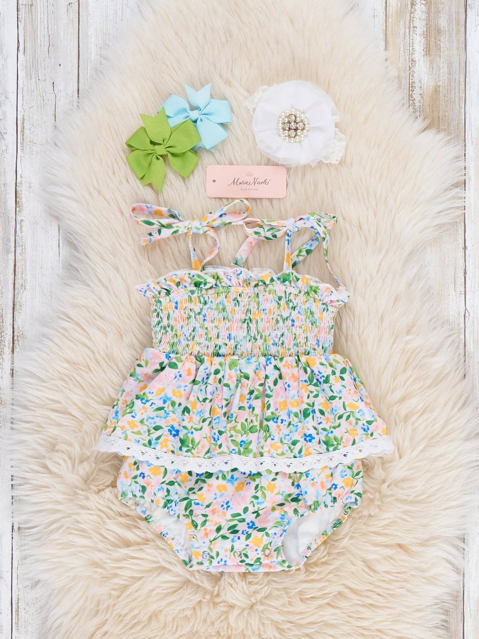 Marie Nicole Clothing Marie Nicole Clothing - Flowerfield Twirl Smocked Ruffle Bubble - BABY - Baby One-Pieces