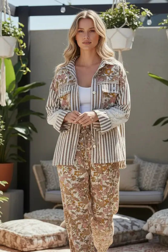 POL The Crochet Patchwork Striped Button-Up Top - Blouses