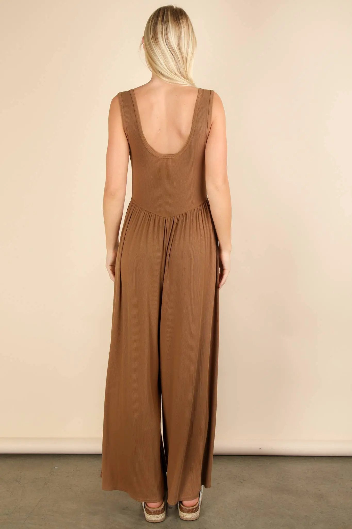 New In Camel Brown Casual Ribbed Knit Sleeveless Jumpsuit - One-Pieces