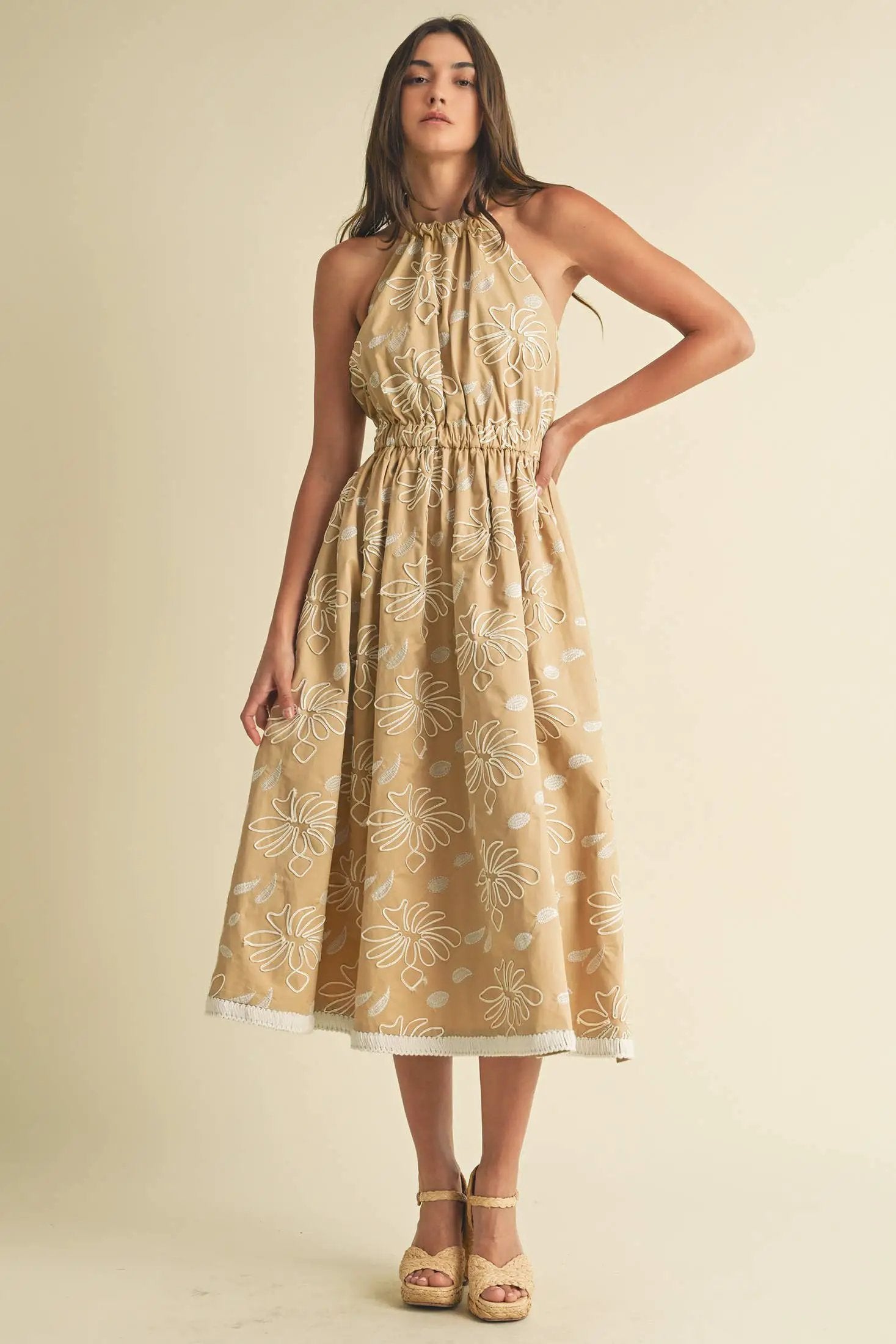 Endless Blu Endless Blu Floral Sand Embroidered Midi Dress - Dresses