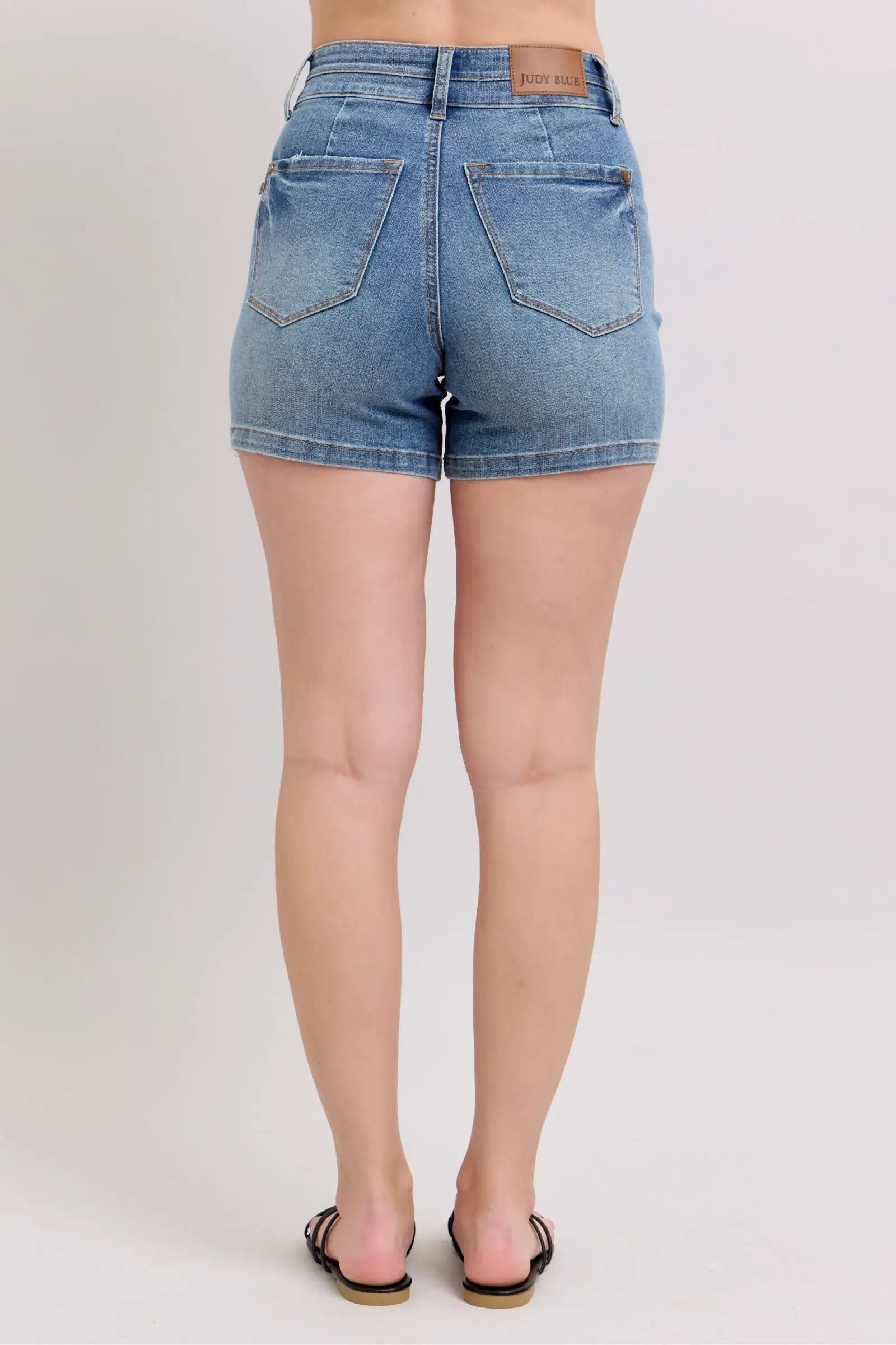 Judy Blue The High Waist Tummy Control Cool Denim Double Waistband Shorts - Denim Shorts Judy Blue Double Waistband Shorts
