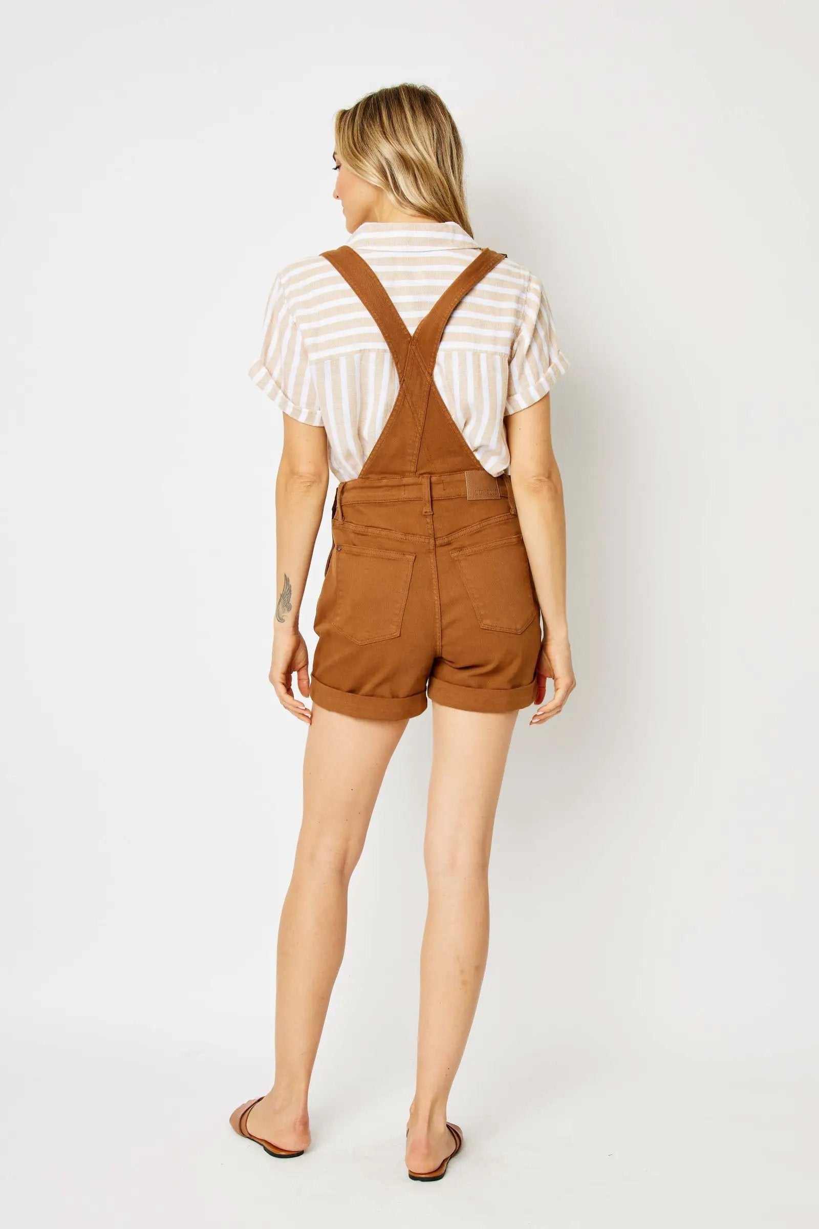 Judy Blue Judy Blue High Waisted Garment Dyed Destroyed Cuffed Brown Overall Shorts - One-Pieces Judy Blue High Waisted Garment Dyed Destroyed Cuffed Brown Overall Shorts
