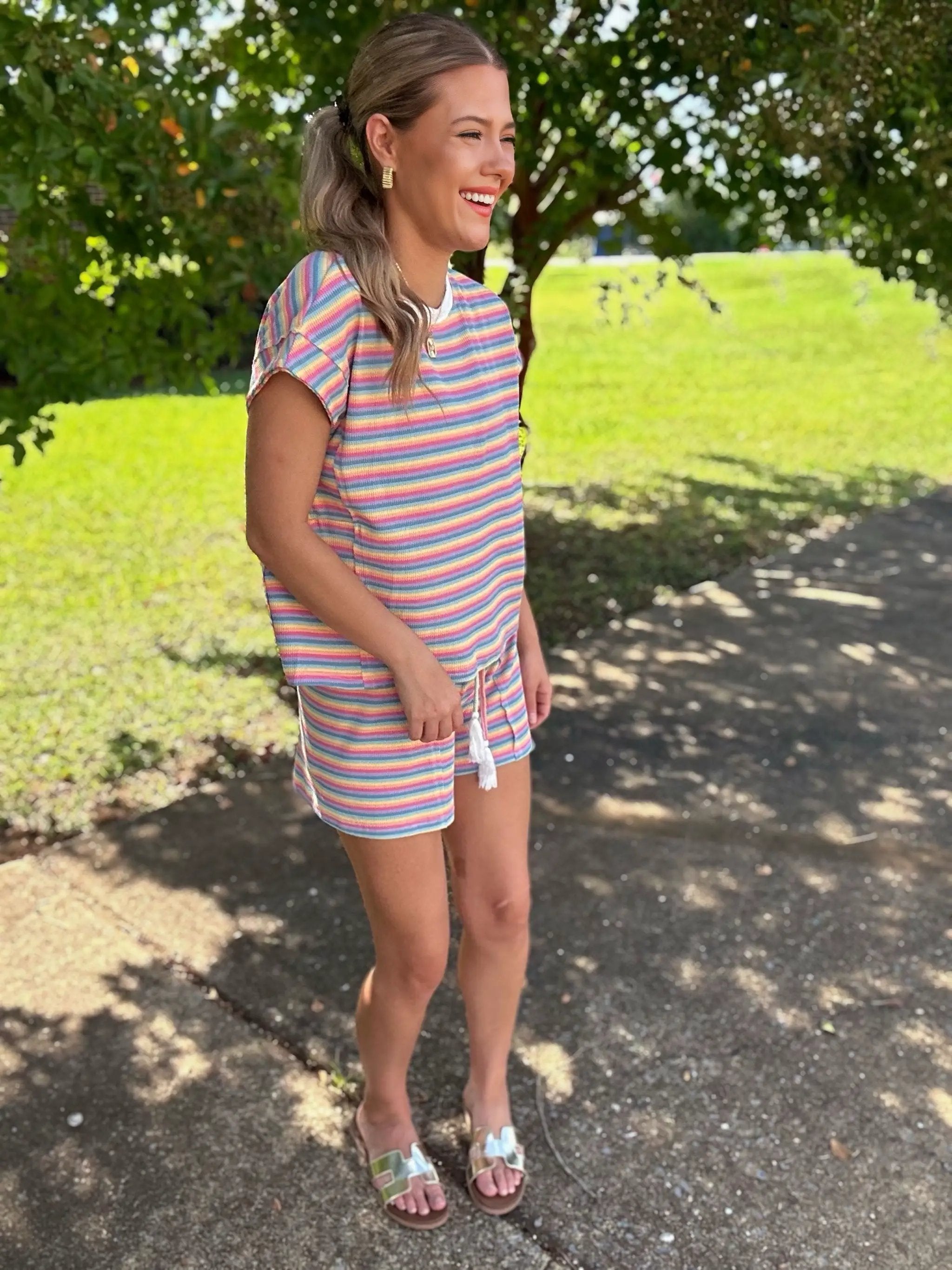 Grateful Threads Boutique Summer Stripes Lounge Set – Tee & Tassel Shorts - Outfit Sets
